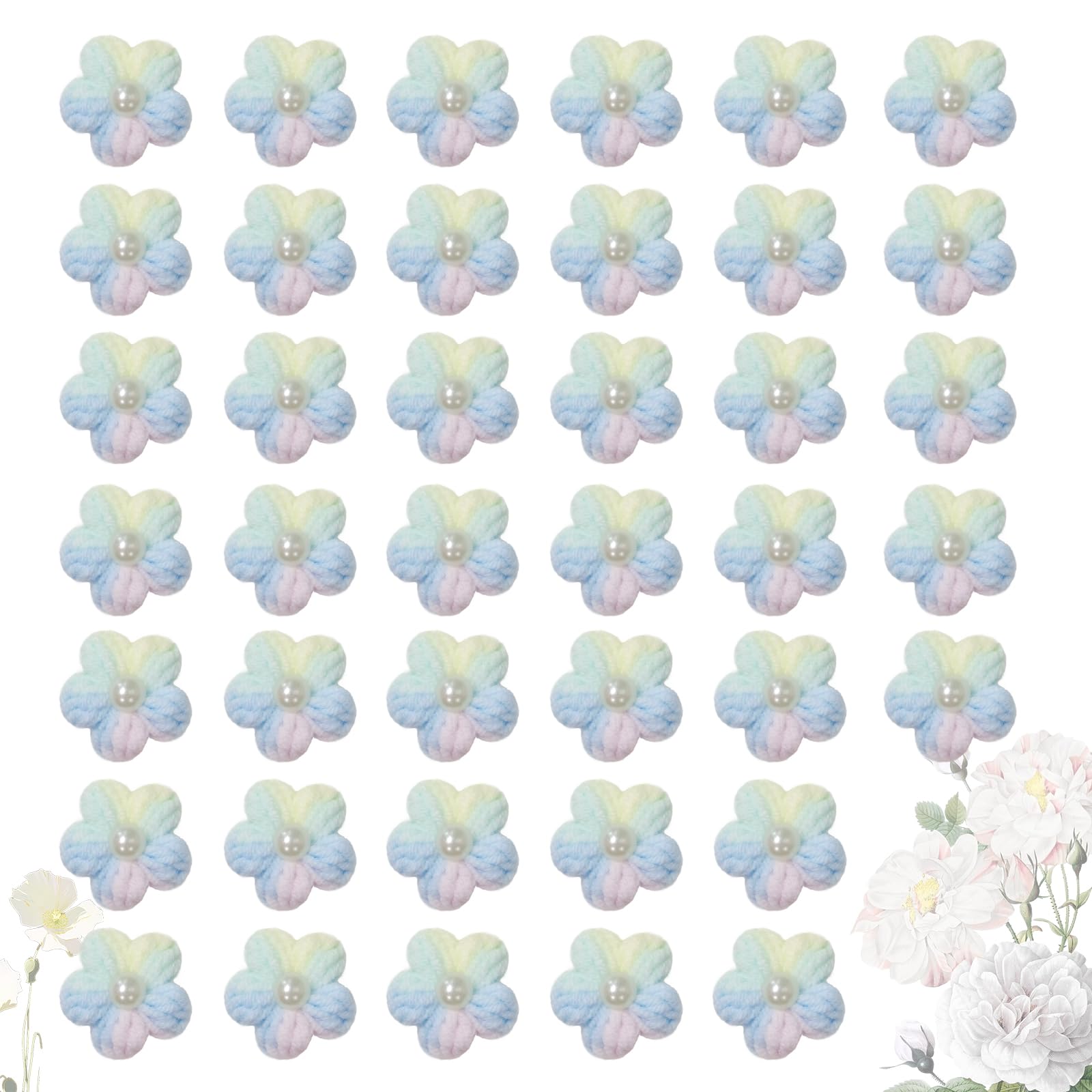 Jtnohx Knitted Flower Patches，Crochet Flowers Applique，40pcs Handmade Floral Sew on Patches，2cm DIY Appliques Embellishments with Pearl, Crochet Floral for Crafts,Sew Accessories(Lilac/Blue/Green