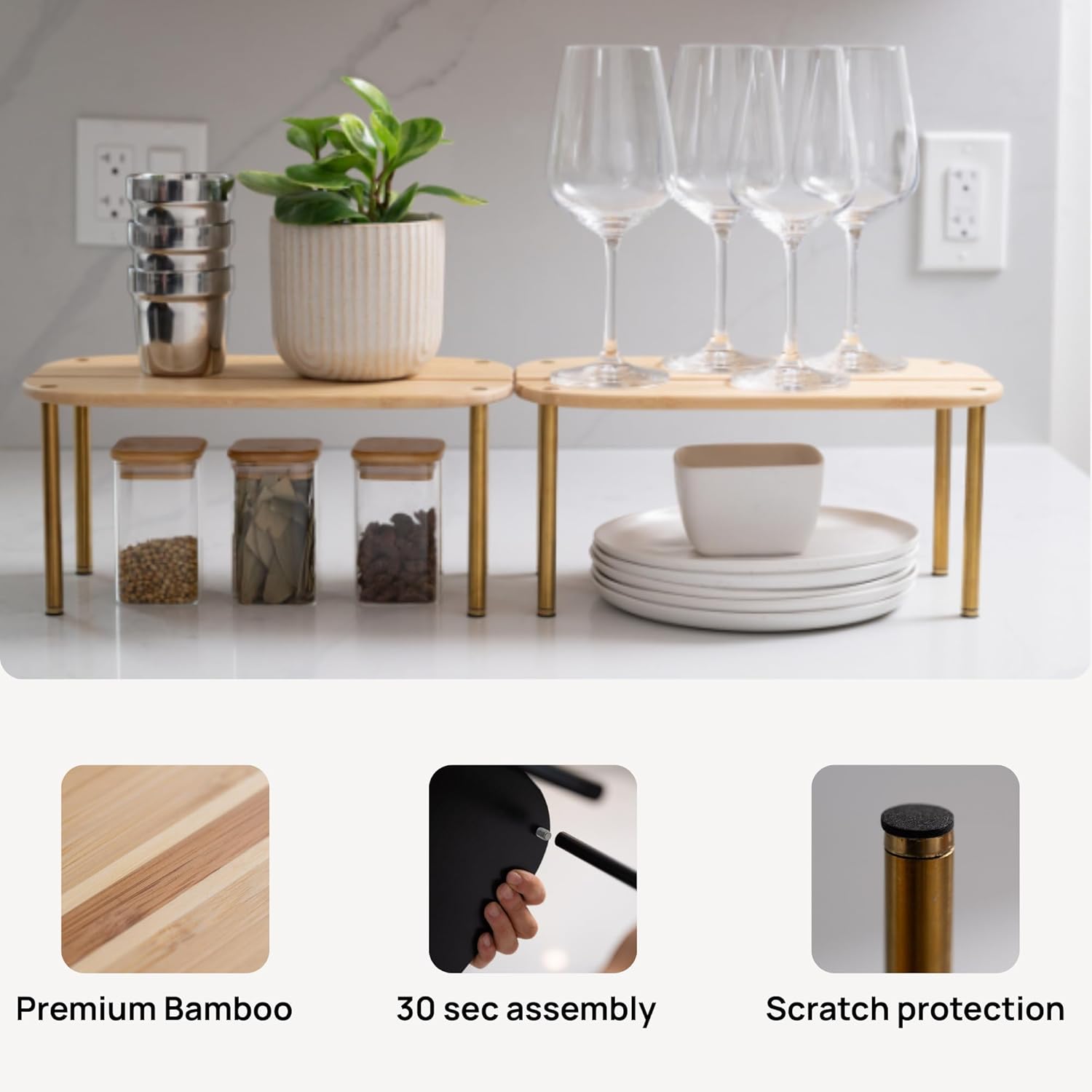 Ibyx Premium Kitchen Cabinet Organizer Shelf - Set of 2 Kitchen Counter Shelves - Stackable Shelf Racks for Cabinets - Bamboo Top with Metal Legs (Natural)