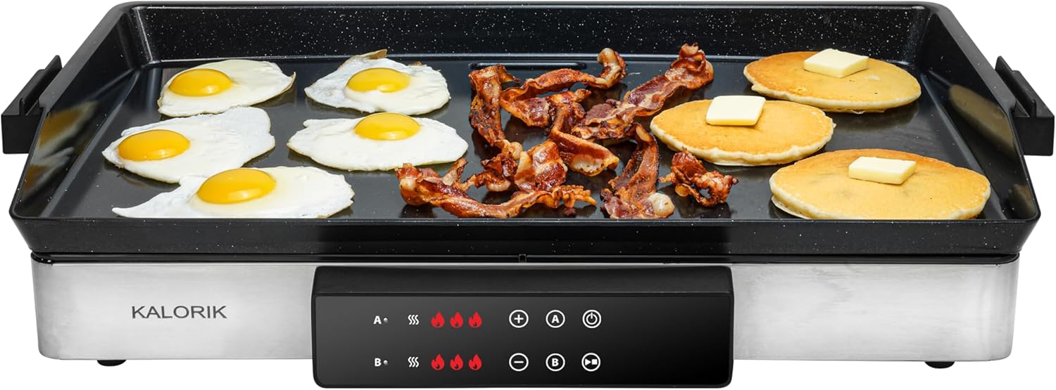 Kalorik Electric Griddle & Double Burner Cooktop MAXX Series 2-in-1 Cooker 22-Inch Cooking Surface 500F Max Temperature Teppanyaki Griddle Plate, 1800-Watts, Stainless Steel