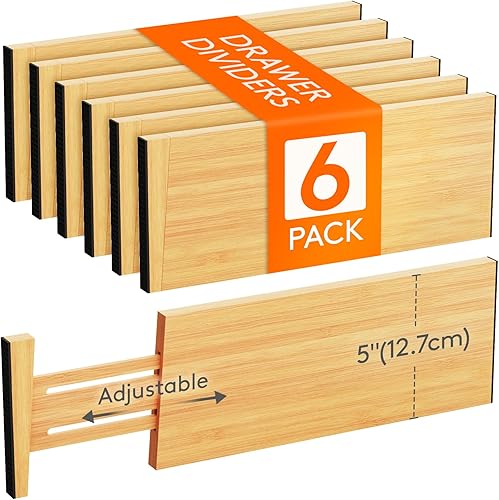 Lifewit Paquete de 6 separadores de cajones de bambú de 5 pulgadas de profundidad, organizadores de cajones expandibles de 13 a 16.5 pulgadas para