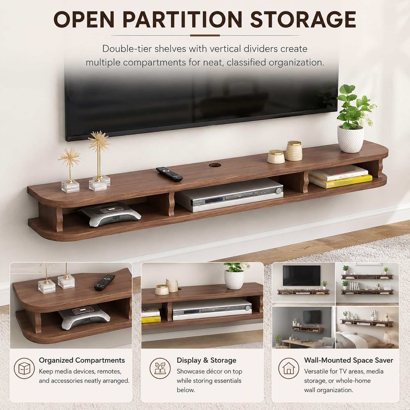 Mobile TV Sospeso in Legno con Cassetti | Mobile Porta TV da Parete per Soggiorno, Tavolino TV con Gestione Cavi(Brown,60cm/24in)