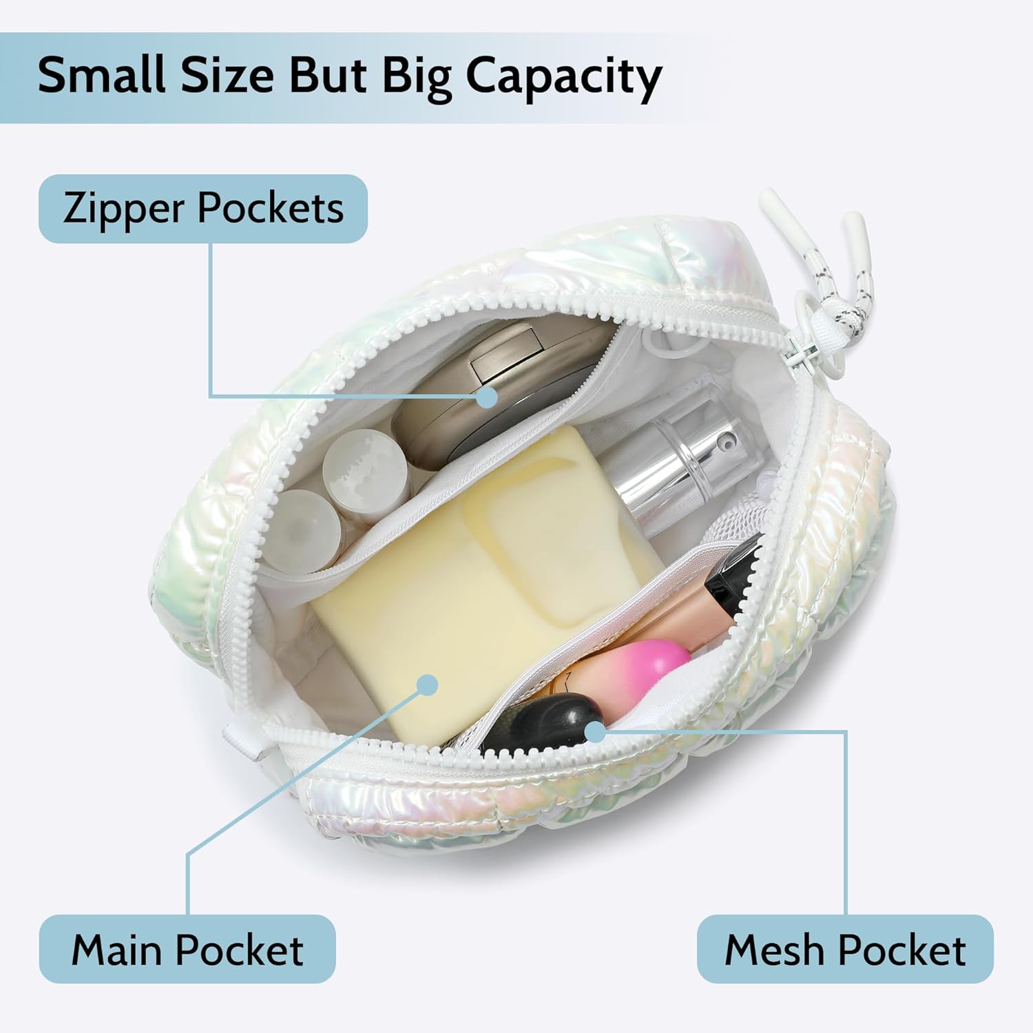 Quilted Cosmetic Bag, Puffer Makeup Bags, Crossbody Purses for women,Cute Travel Toiletry Bag for Women (Dazzling White) - Image 4