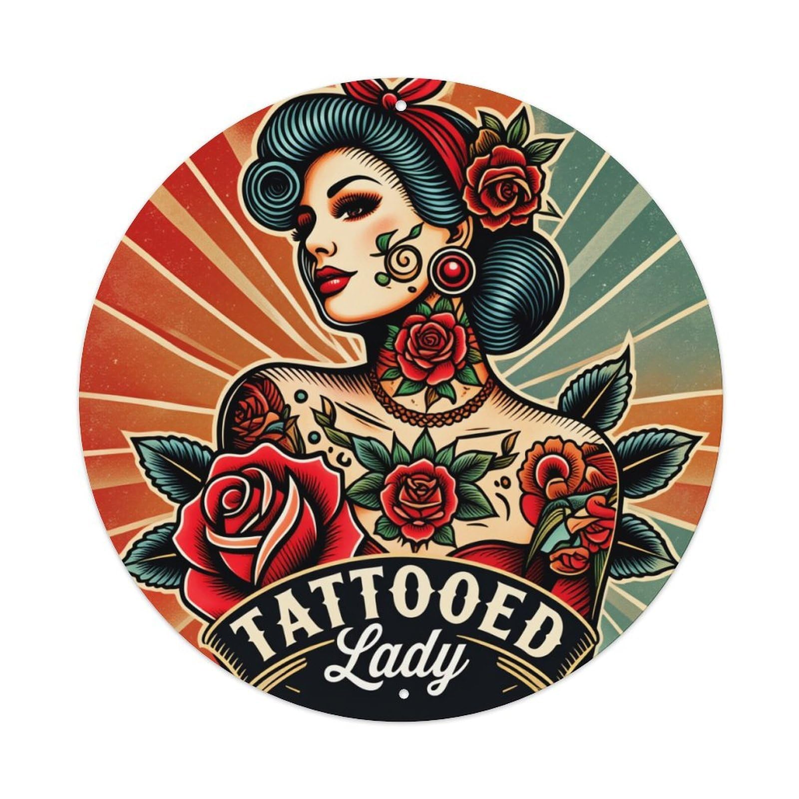 Tattooed Lady Rose Pattern Art Round Tin Sign Retro Metal Sign for Cafe Bar Pub Home Game Room Gym Club Wall Decoration Vintage Metal Poster 8x8 Inch