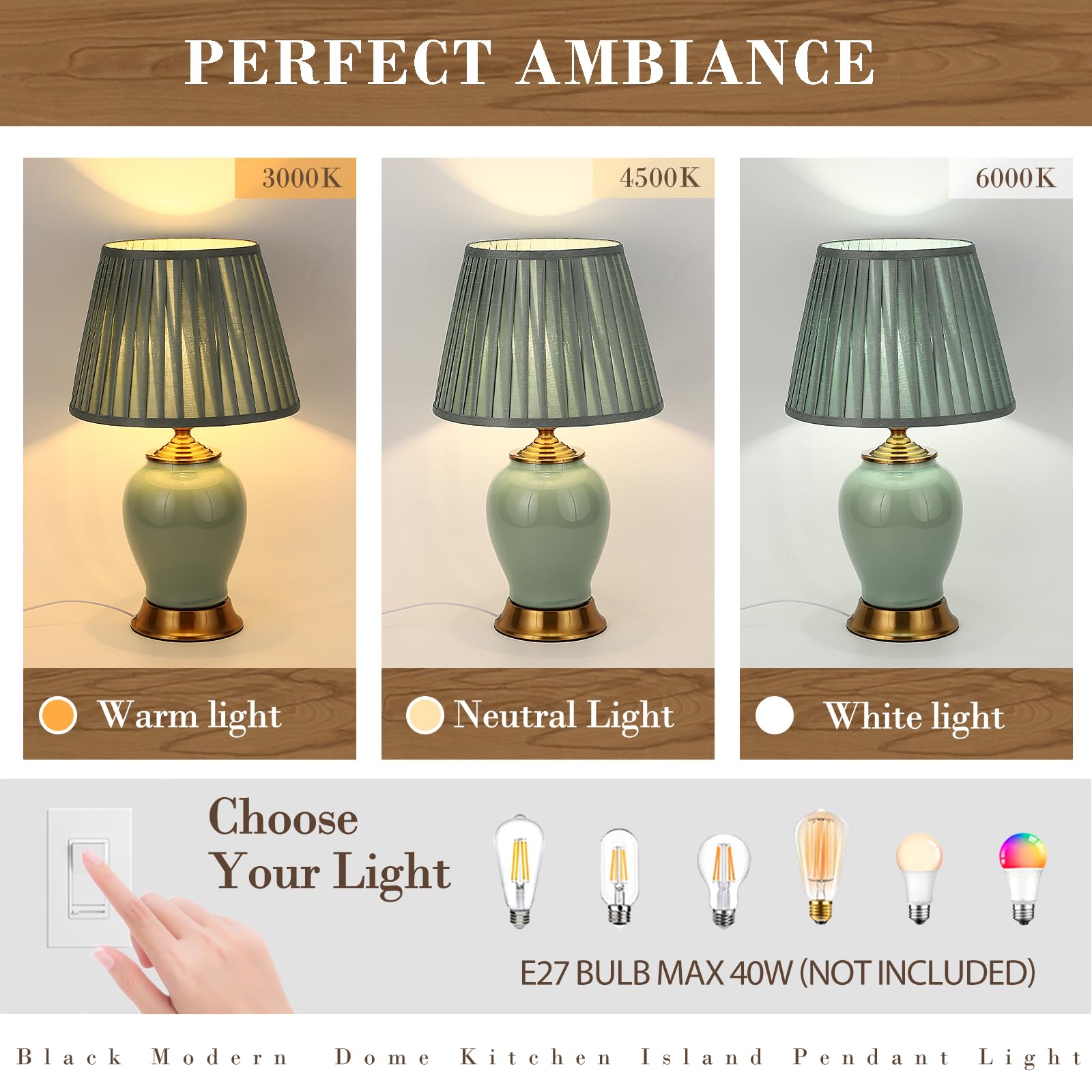 Tischlampe Moderne E27 Nachttisch Lampen, weiße Stoff Lampenschirm Schreibtischlampe, Keramik Nachttisch Lampe Schlafzimmer Dekoration Studie Leselampe, Grün