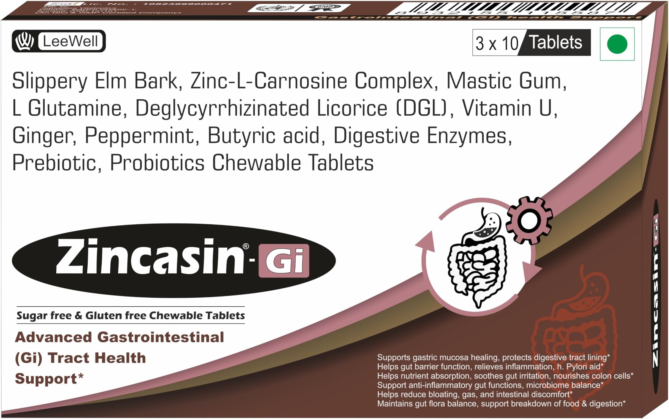 Gi Advanced Gut Health, Digestive Discomfort Care | Leaky Gut, Stomach Lining, Ulcer Aid | Zinc L Carnosine, Mastic Gum, L Glutamine, Deglycyrrhizinated Licorice root (DGL), Vitamin U, Slippery Elm, Ginger, Peppermint, Digestive Enzymes, Prebiotic, Probiotics Supplement - 30 chewable tablets (Sugar Free)