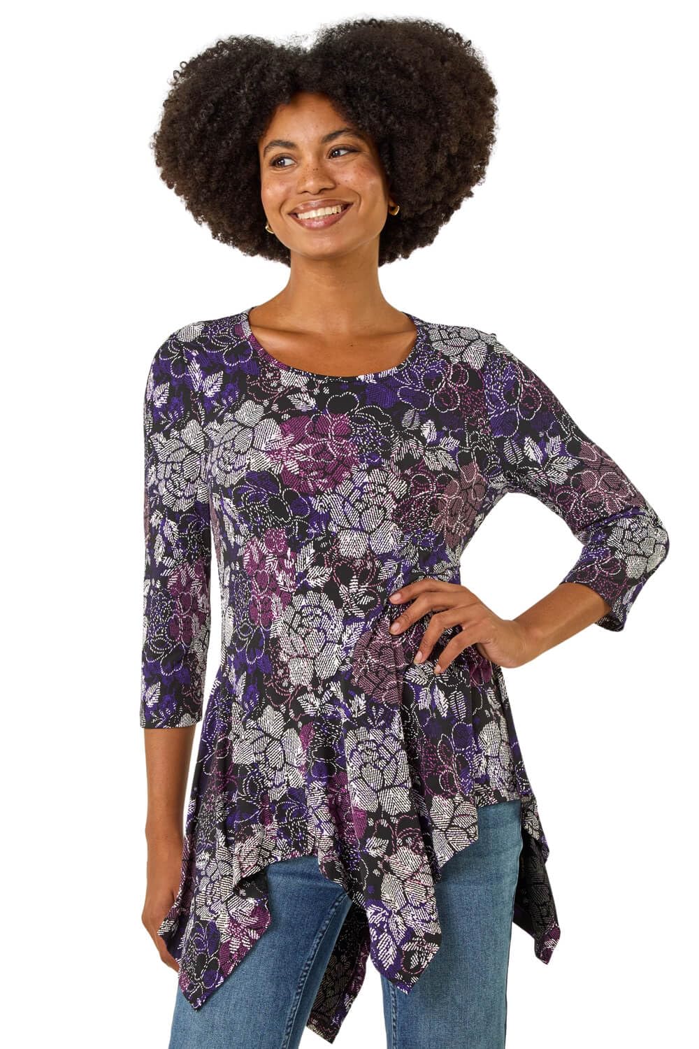 Roman Originals Women's Purple Floral Asymmetric Top Hanky Hem Blouse Stretchy Tunic Occasion Smart Casual Summer Sprint Winter Autumn Cocktail Party Evening 3/4 Short Sleeve - Size 20