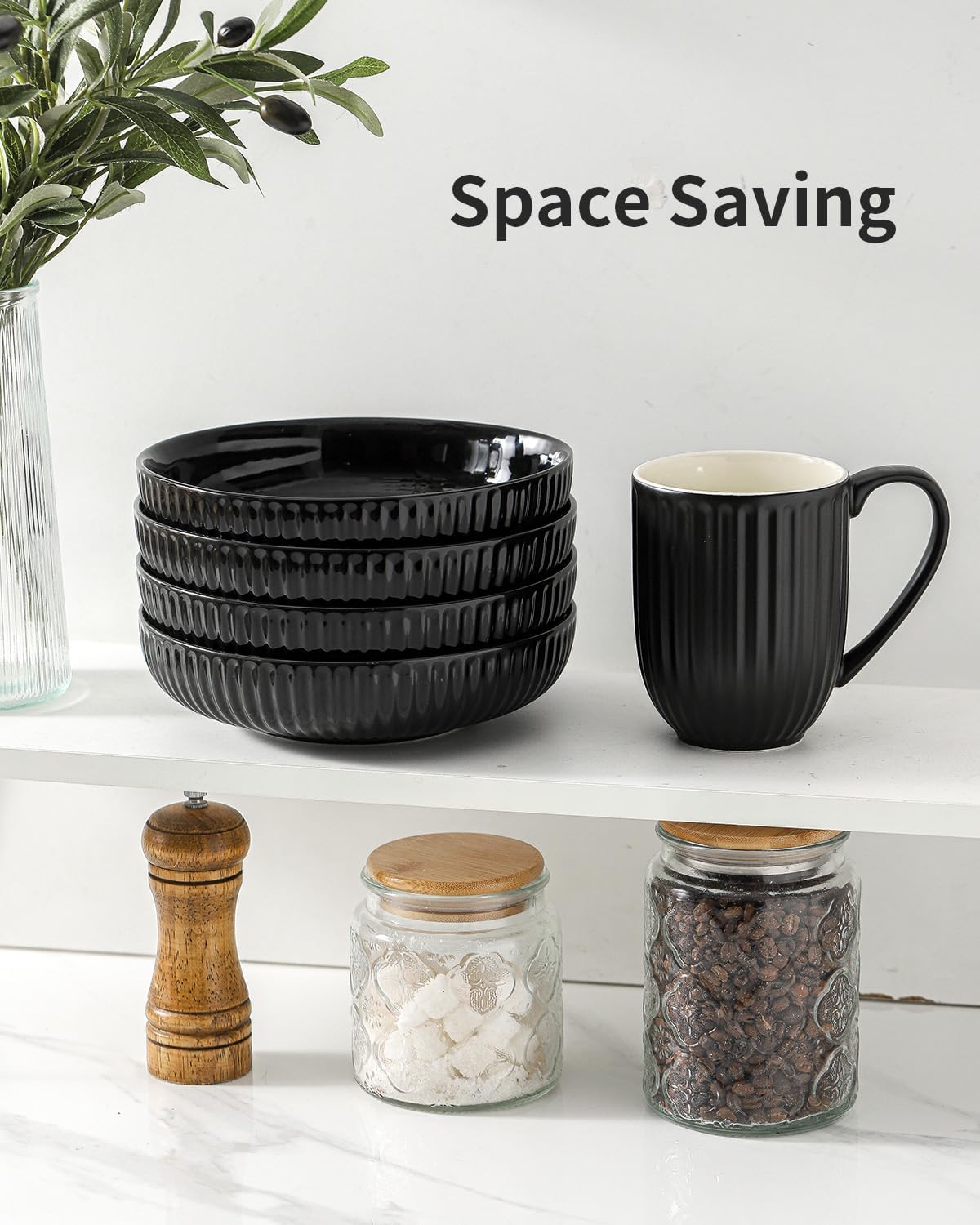HASENSE Pasta Bowls Set of 4, 30 oz Porcelain Dinner Bowls, Salad Bowls for Kitchen, Wide and Shallow Plates, Ideal Home Decor for Mother's Day Present, Microwave & Dishwasher, Oven Safe, Black