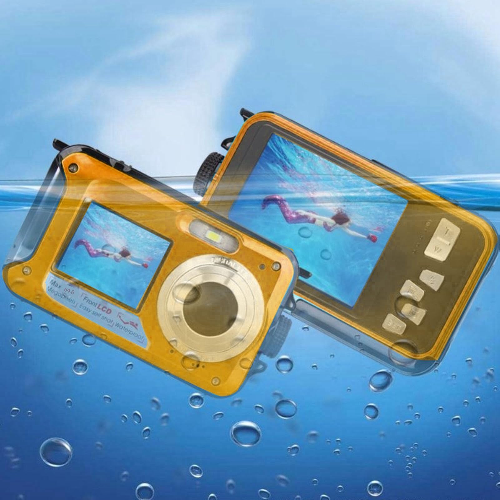 Podwodny Aparat 4K, Wodoodporny Aparat 56 MP z 16-krotnym Zoomem, Dwa Ekrany, Karta 64 GB, Automatyczne Ustawianie Ostrości, Kompaktowy Wodoodporny Aparat Cyfrowy 10FT (YELLOW)