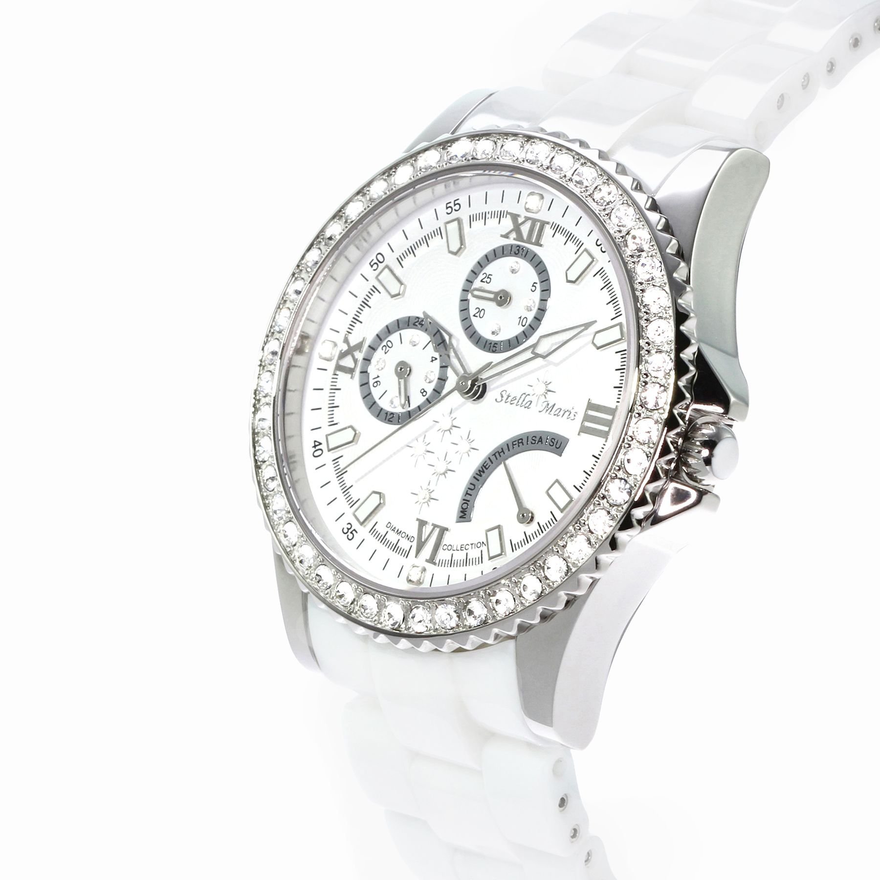 Stella Maris Damen Armbanduhr Analog Quarz Uhr Stilvolle Elegante Damenuhr Frauenuhr Weiß Silber Premium Keramik Armband Diamanten Swarovski STM15N1