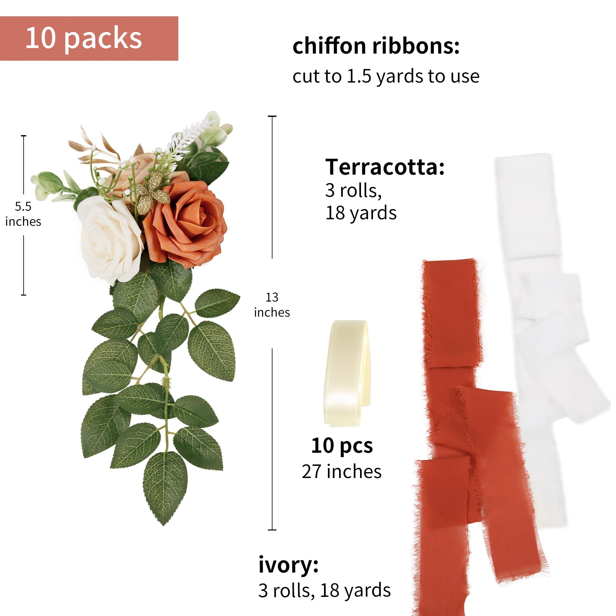 Hochzeit Gang Dekorationen für Hochzeit Zeremonie 10er Set Kirchenblumen für Kirche Stuhl Dekorationen Party Dekor mit künstlichen Blumen Eukalyptus und Bändern Terrakotta