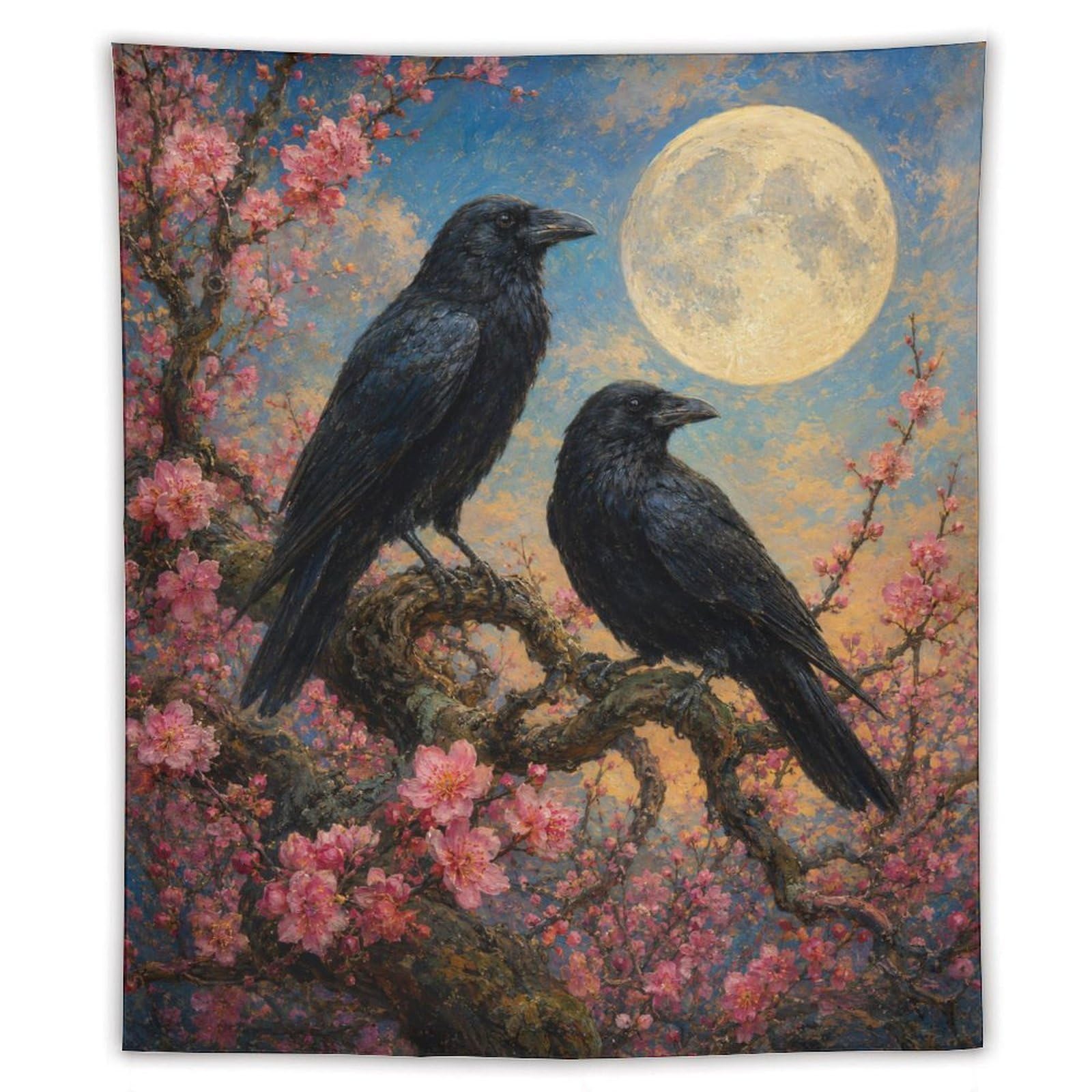H3B8U2Y5 Ravens Under Moon Wall Tapestry, Ukiyo-e Style, Apartment