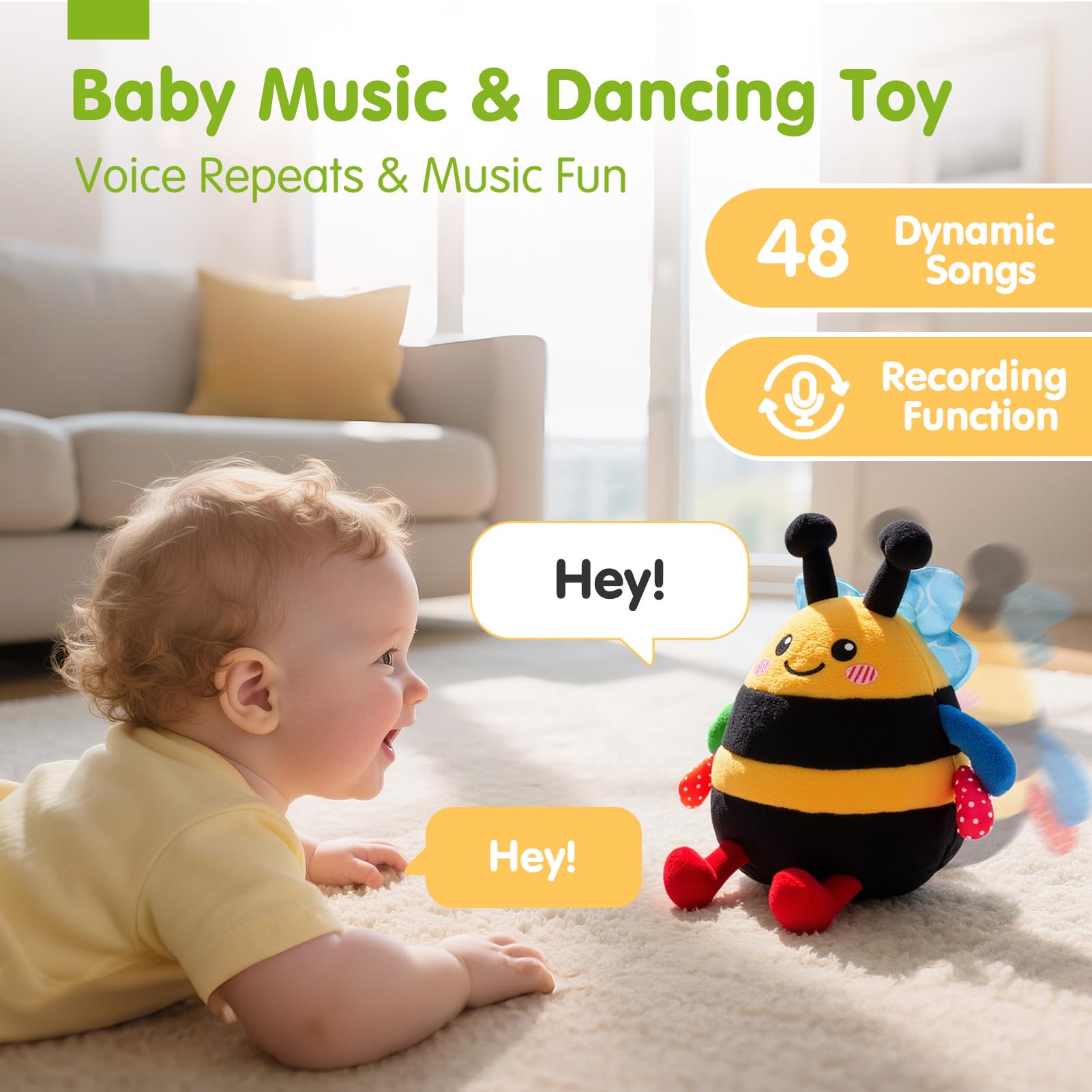 hahaland 4-IN-1 Dancing Bee Baby Toys 6 to 12 Months Boys & Girls Montessori Plush Interactive Sensory Tummy Time Toys - Image 3