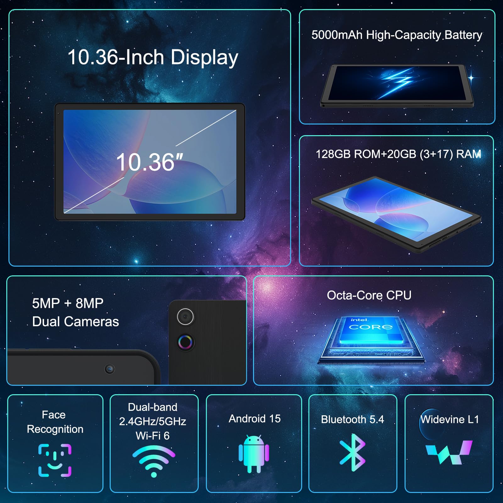 Laptop Android Tablet 10 Pollici Tablet Economici, 16 GB+128 GB Espansione TF da 1 TB, 8 core/5000 mAh, 5+8 MP/1280 * 800P, WiFi 6/Widevine L1/BT5.4, Compatibilità con USB-C/OTG