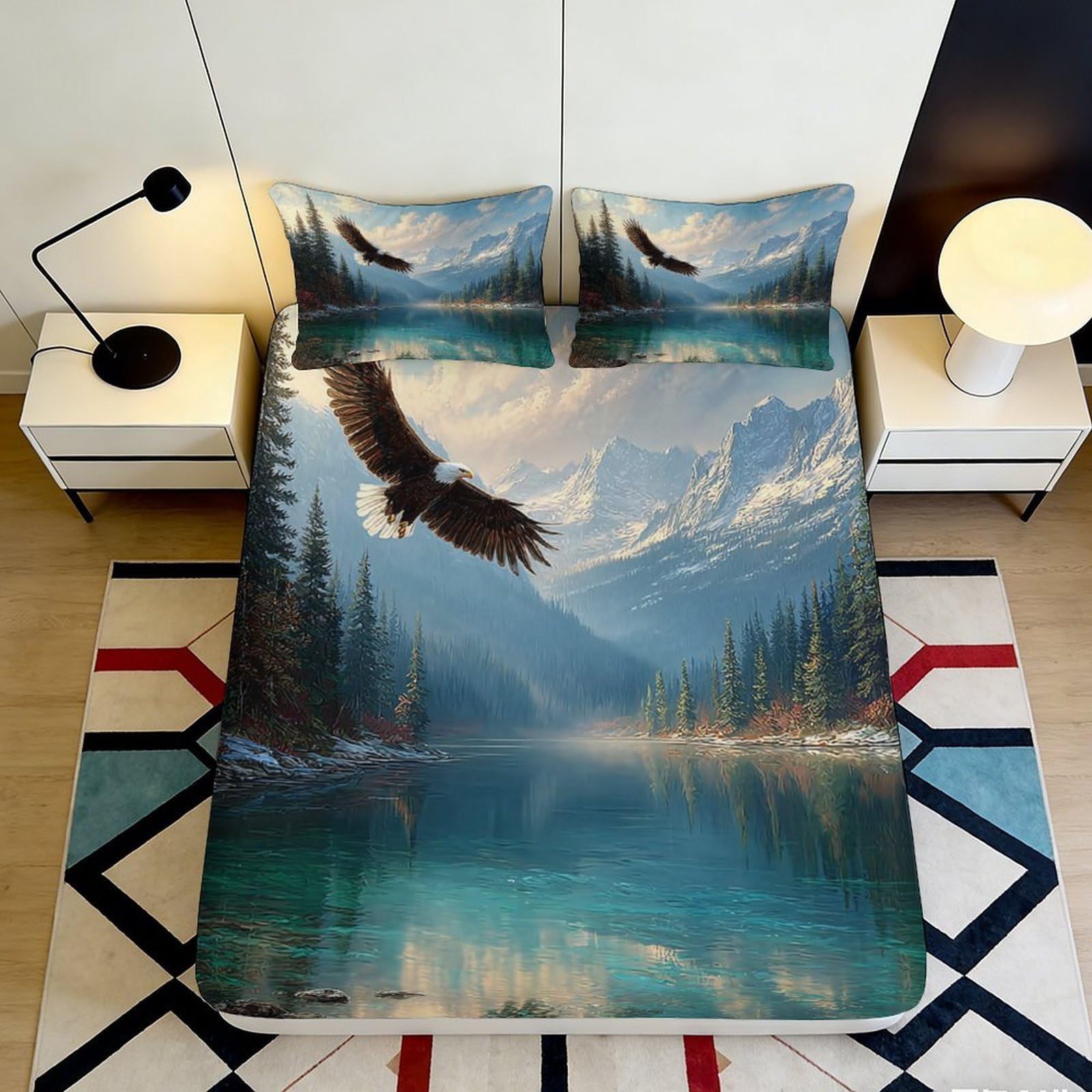 3D Printed Mountain Lake Eagle Fitted Sheet Microfiber Soft Anti-Slip Forest River Bed Cover for Bedroom Decor 90x200x25cm