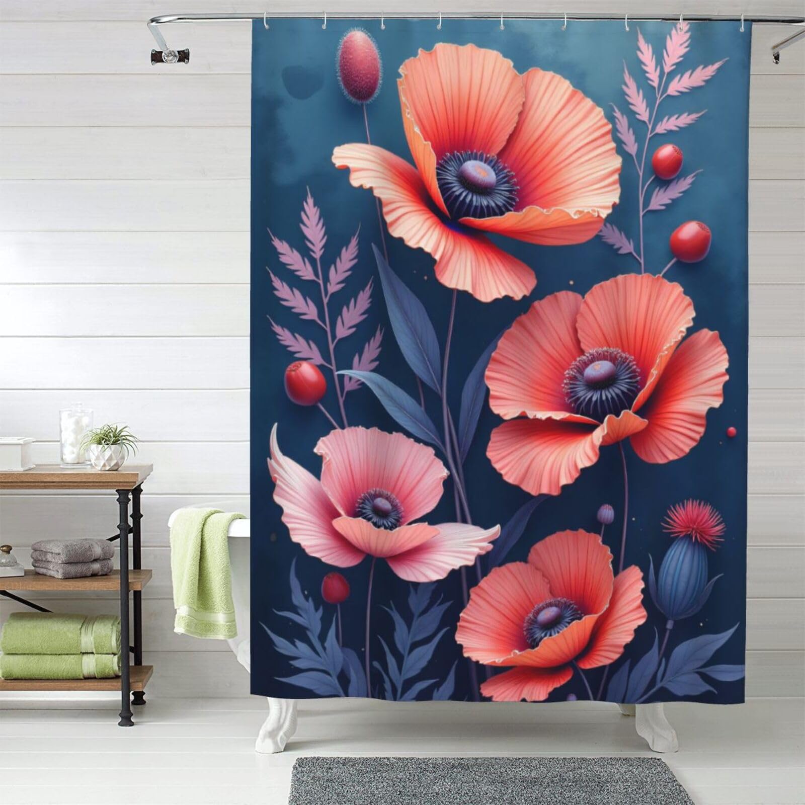 Rideau de douche imperméable et lavable en tissu lourd fleuri