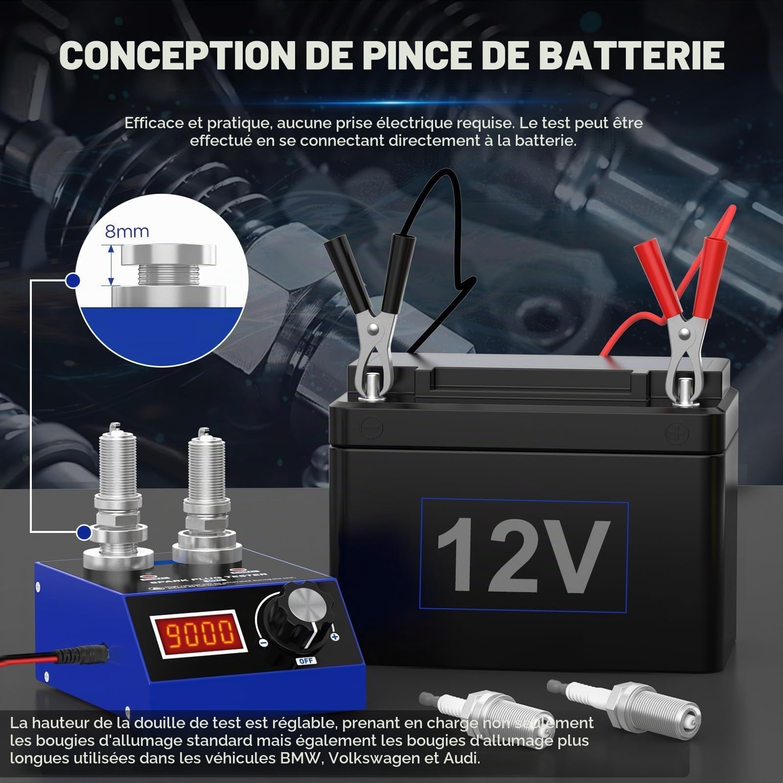 PLAYOCCAR 110V/220V Testeur de bougies - Double trou Automobile Testeur de bougies d'allumage pour bougies longues, Fréquence 500~9000RPM, Bougie d'allumage pour voiture à essence,avec affichage, pour
