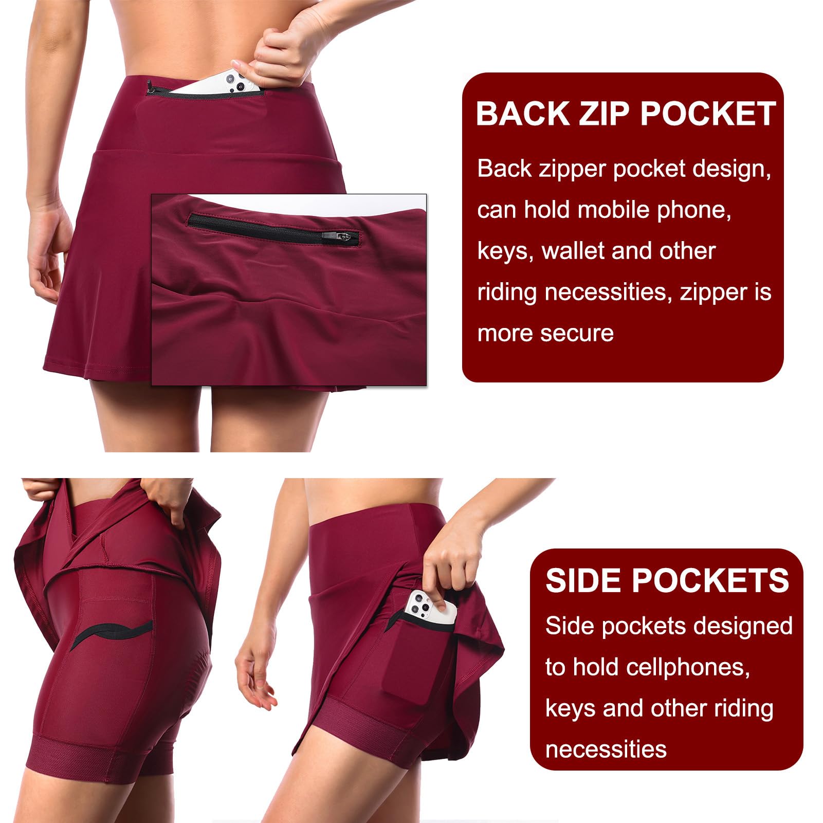 Radhose Damen Gepolstert Fahrradrock 2-in-1 Gel 5D Fahrrad Hosenrock, Radrock Frauen Radlerhose mit Innenhose für Radfahren Tennis Laufen