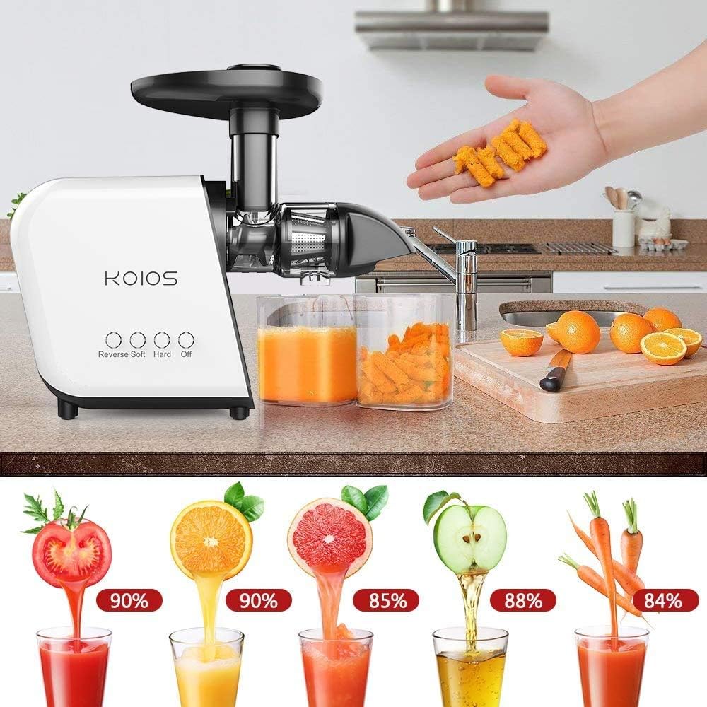 Get Discount 70% Price KOIOS Juicer, Slow Masticating Juicer Extractor with Reverse Function, Cold Press Juicer Machine with Quiet Motor, Juice Jug and Brush for High Nutrie (White-Black)