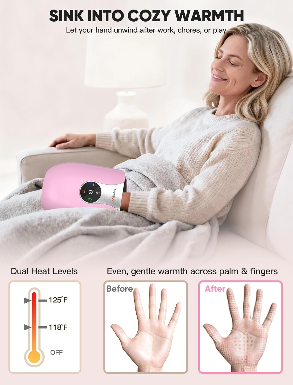 JZBRAIN Hand Massager with Heat and Compression : Cordless Heated Hand and Wrist Massager for Palm, Fingers, and Comfort Relief – 4 Modes 6 Intensities, Portable Rechargeable, Wife Husband (Pink)