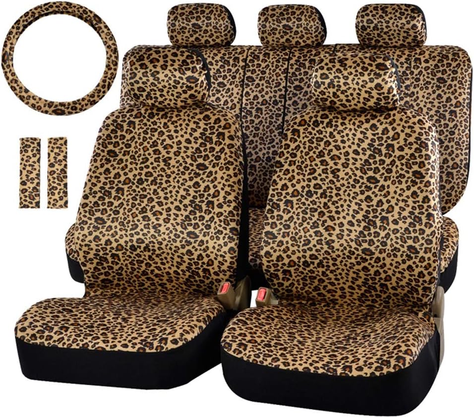 Luxury Leopard Print Car Seat Cover Nonslip and Breathable Van Protector with Seat Belt Pads Steering Wheel