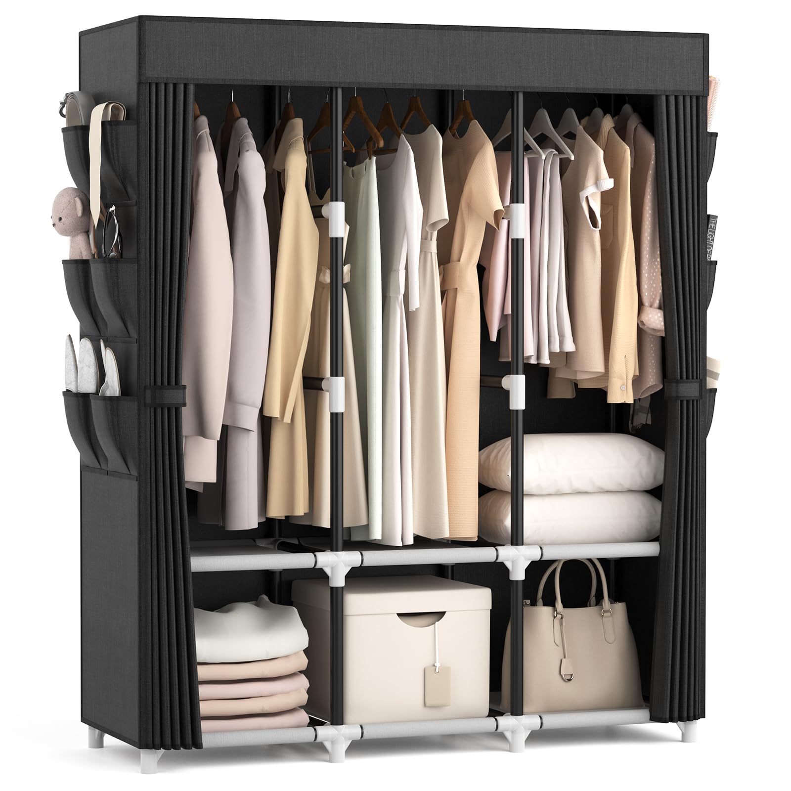 VTRIN Tragbarer Schrank zum Aufhängen von Kleidung, 132 cm breit, tragbarer Kleiderschrank mit Abdeckung, 6 Ablagen und 3 Hängestangen, Durchmesser 19 