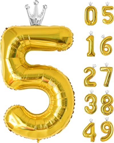 Miniatura 1 de Globo dorado del número 5 con corona, globos grandes de número 5, letrero de cumpleaños de 5 pulgadas, 40 pulgadas