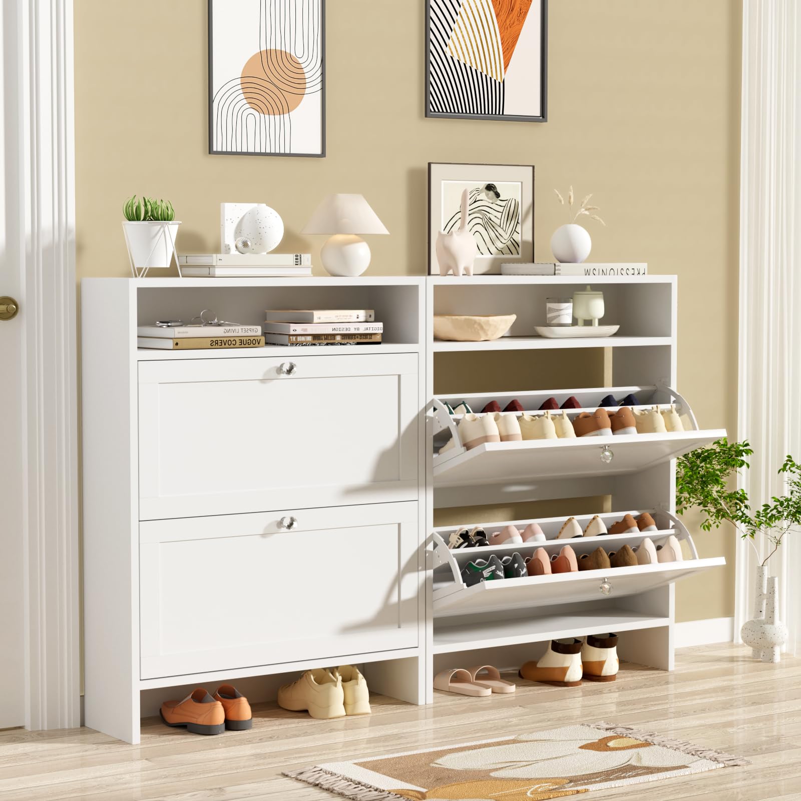 VOWNER Scarpiera Portascarpe in Legno, Scarpiera Slim Ingresso, Regolabili, con 2 Ante a Ribalta e Doppia Profondita, 80x108x24 cm (LxAxP), Bianco