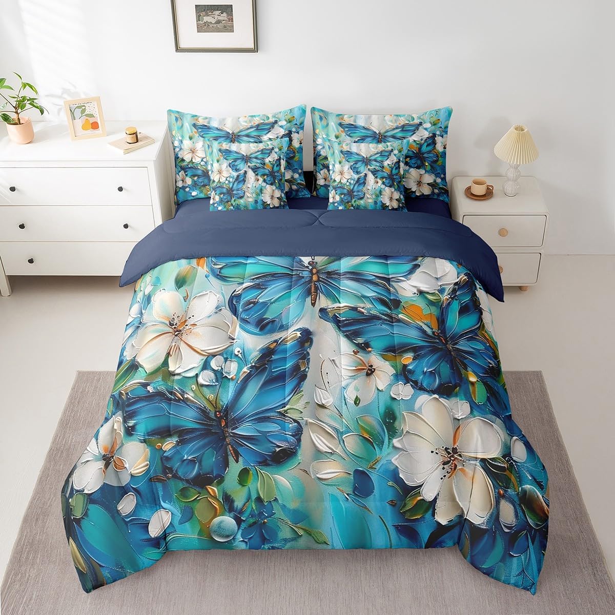 Erosebridal Girls Teal Blue Butterfly Bedding Set King 7 Piece White Flowers Oil Painting Boho Comforter Set Retro Floral Butterfly Bed in A Bag,Aesthetics Bohemian Sheet Set with Comforter image 2