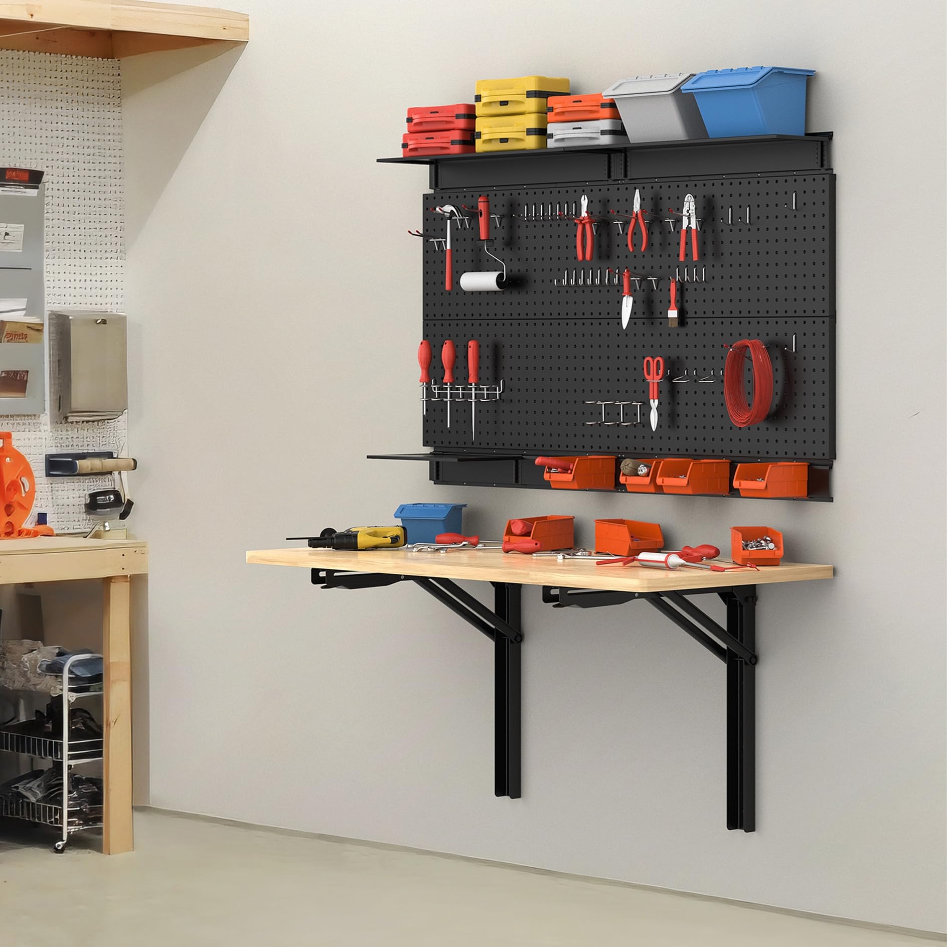 TORACK Banco de trabajo plegable montado en la pared resistente, mesa de pared plegable que ahorra espacio para garaje, taller, hogar, soporta hasta 550 libras (tamaño del tablero: 47.25 x 27.75