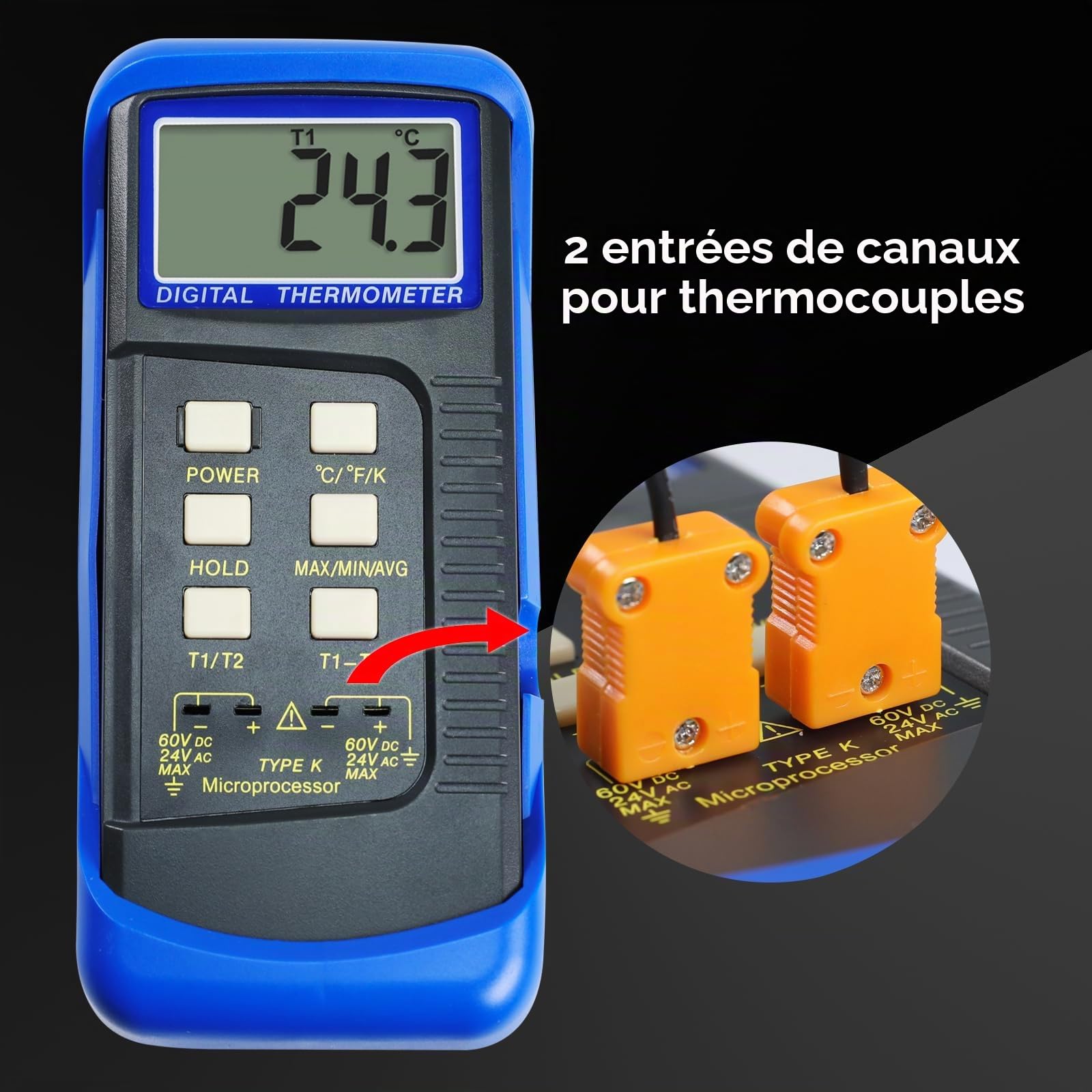 Thermomètre Numérique à Thermocouple de Type K (Double Canal) pour CVC, avec 4 Sondes, Mesure des Températures MAX/MIN/MOY, Plage de -50 à 1300 °C