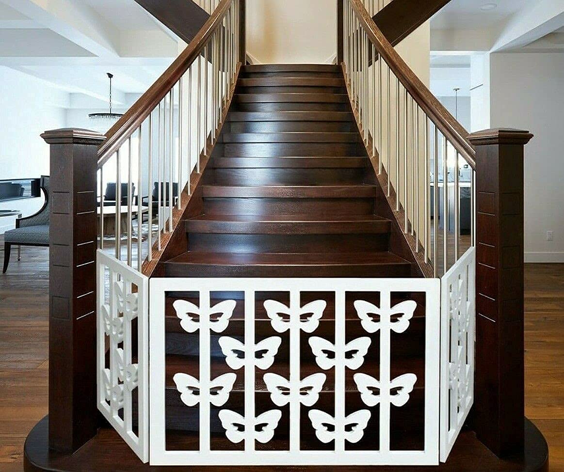 White Butterfly Wooden Pet Gate - Freestanding Foldable Adjustable 3-Section Dog Gate Extra Wide, Keeps Pets Safe Indoors/Outdoors - Fully Assembled (Butterfly)