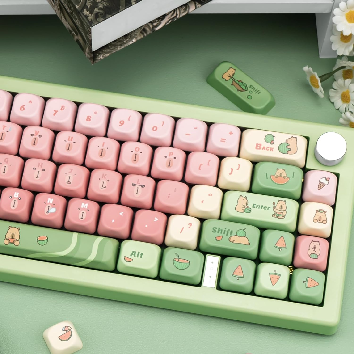 130 Keys Cute Capybara Gradient Keycaps, 1.7mm Thick PBT Pink and Green MOA Profile Keycap for ANSI/ISO Layout Cherry MX Switches Mechanical Keyboard