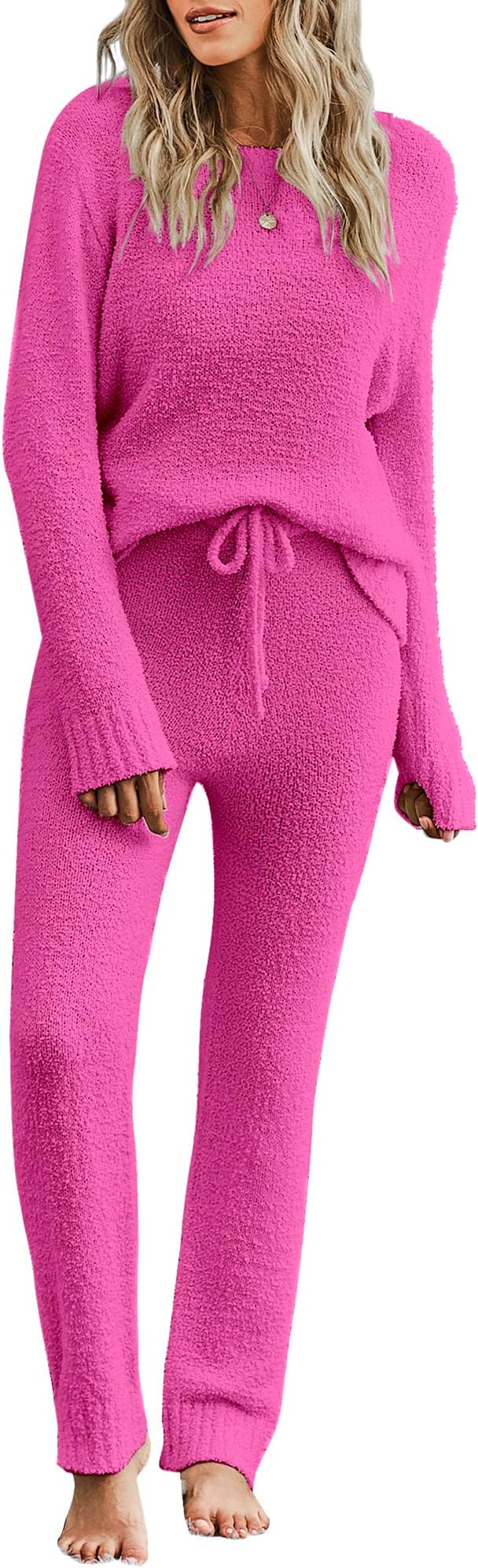 luvamiaWomen's Casual Pajama Set Fuzzy Fleece Knitted Long Sleeve Pj Loungewear