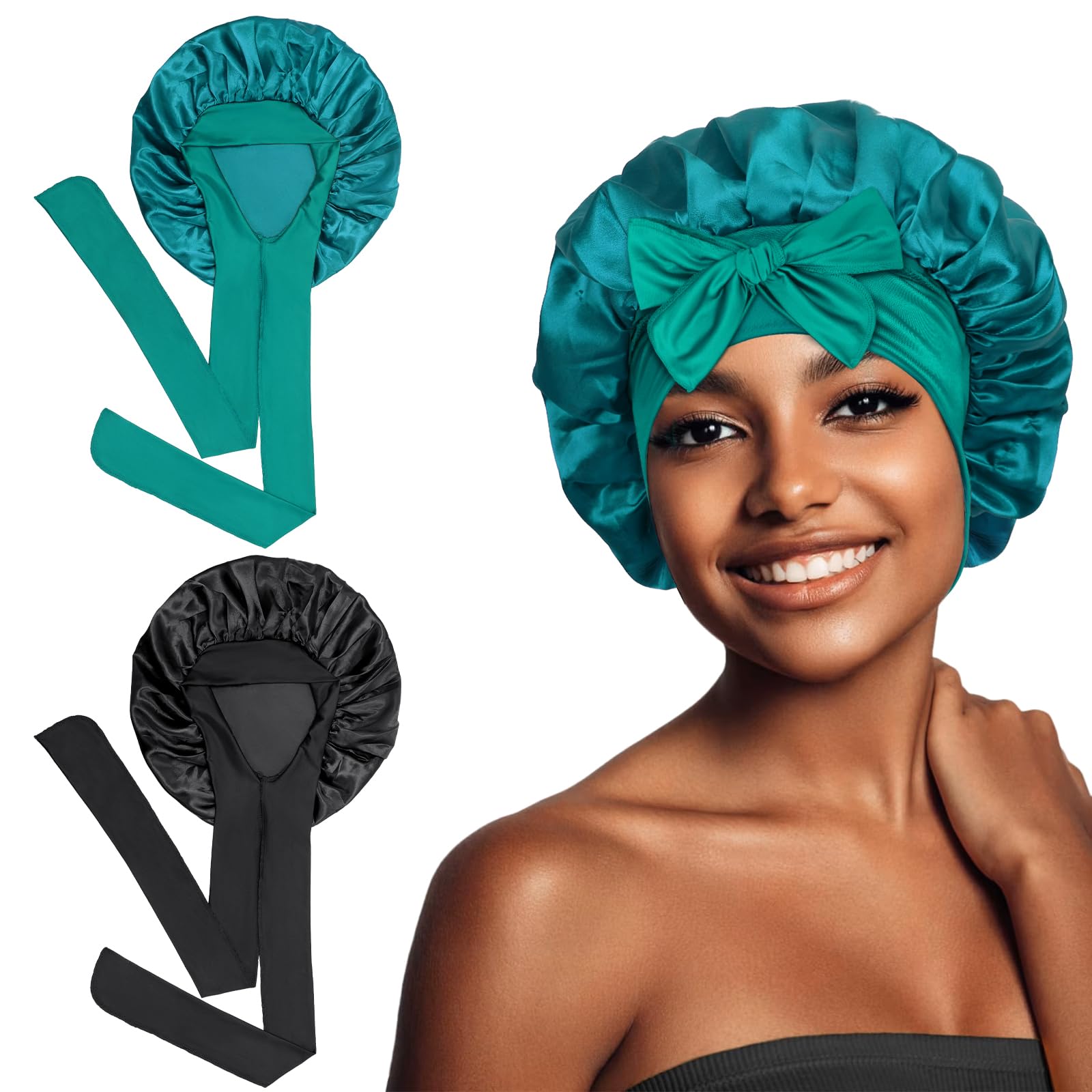 Euqvunn 2Pcs Hair Bonnet for Sleeping Satin Hair Bonnet with 6.2×63cm Widen Tie Band, Sleep Bonnet