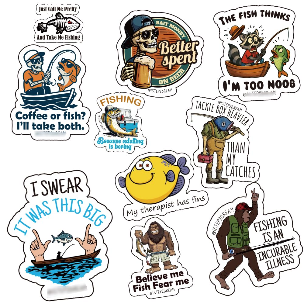 1step2dream Fishing Sticker Pack with Funny Fishing Sayings - Durable Decals for Cooler, Kayak, Laptop, Phone, Water Bottle, Boat, Scrapbook, Travel Gear