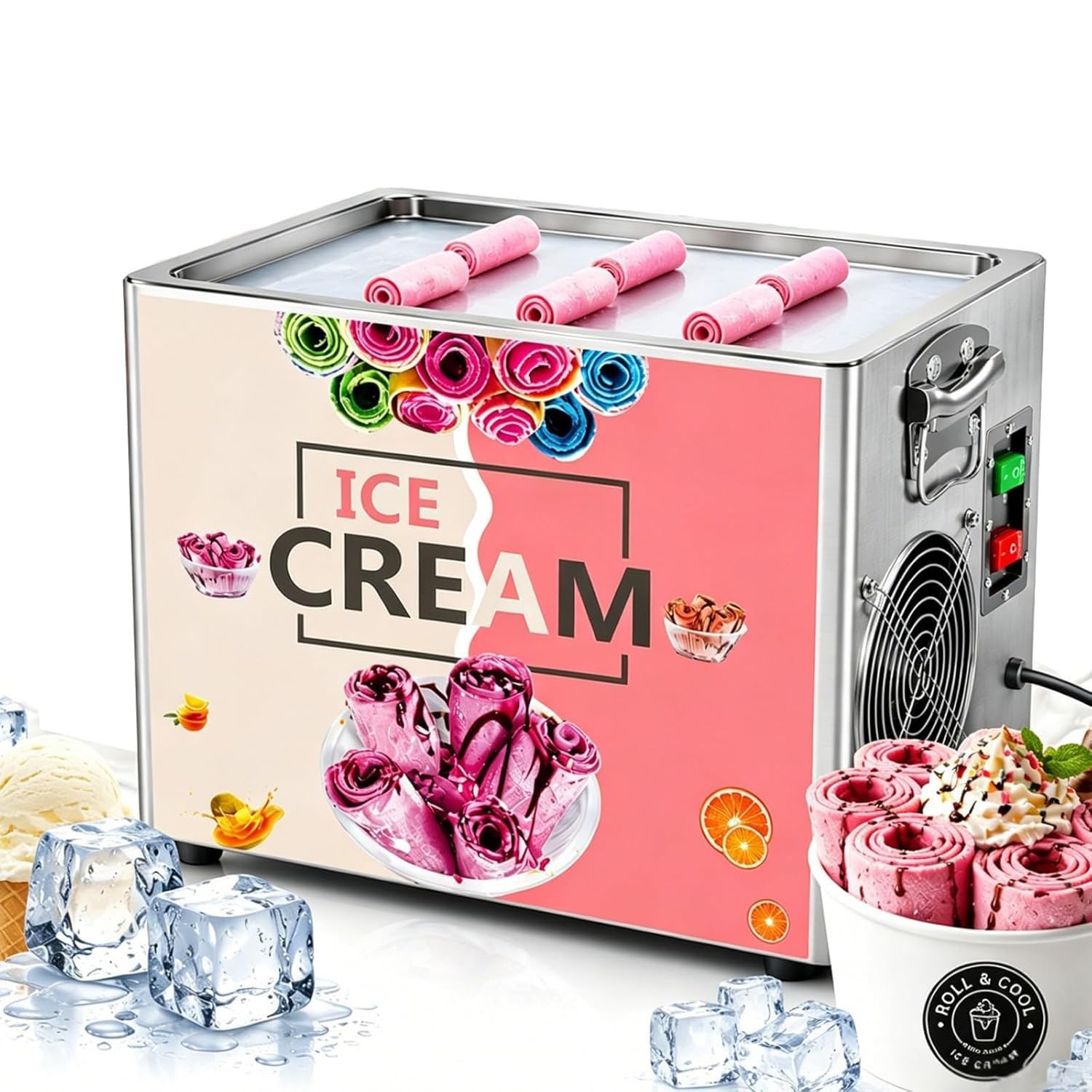 Máquina para Hacer Helado Enrollado de Acero Inoxidable de 330 W | Diseño de refrigeración con tubo de cobre en forma de anillo, base antideslizante, para el hogar, tienda, 34 × 28 × 30 cm