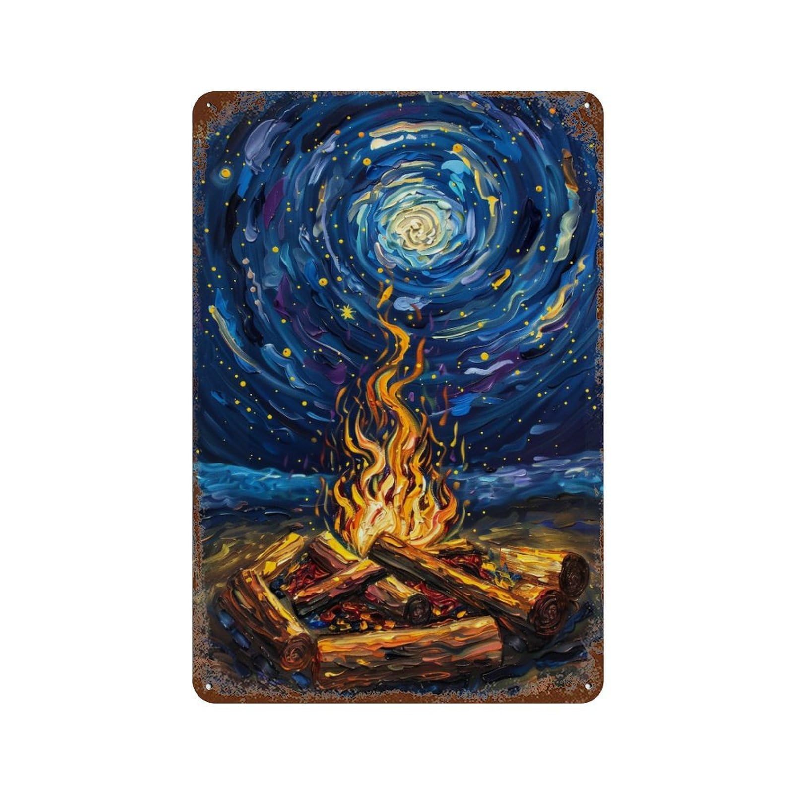 WIHYRTUI Post Impressionist Twirl Indigo Night Flaming Bonfire 03 Wall Retro Iron Metal Tin Sign Vintage Art Poster Modern Home Cofffee Club Art Bar Shop Decor Style 30x20cm