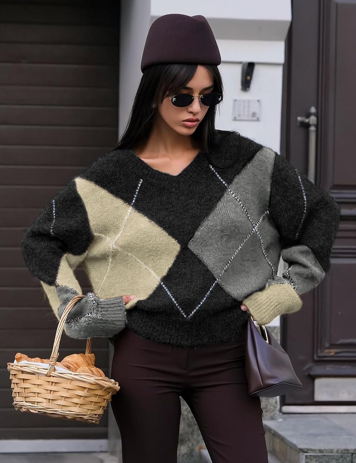 Wyeysyt Argyle Sweater Women Casual Plaid V Neck Drop Shoulder Pullover Sweaters Color Block Chunky Knit Top - Image 2