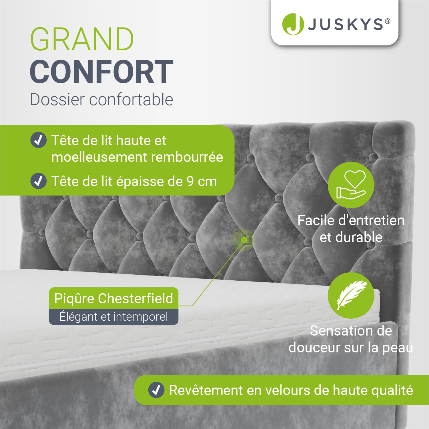 Juskys lit rembourré Nizza 120x200 cm avec sommier à Lattes, Coffre et éclairage LED, Cadre de lit avec Housse en Velours et surpiqûre Chesterfield, Gris
