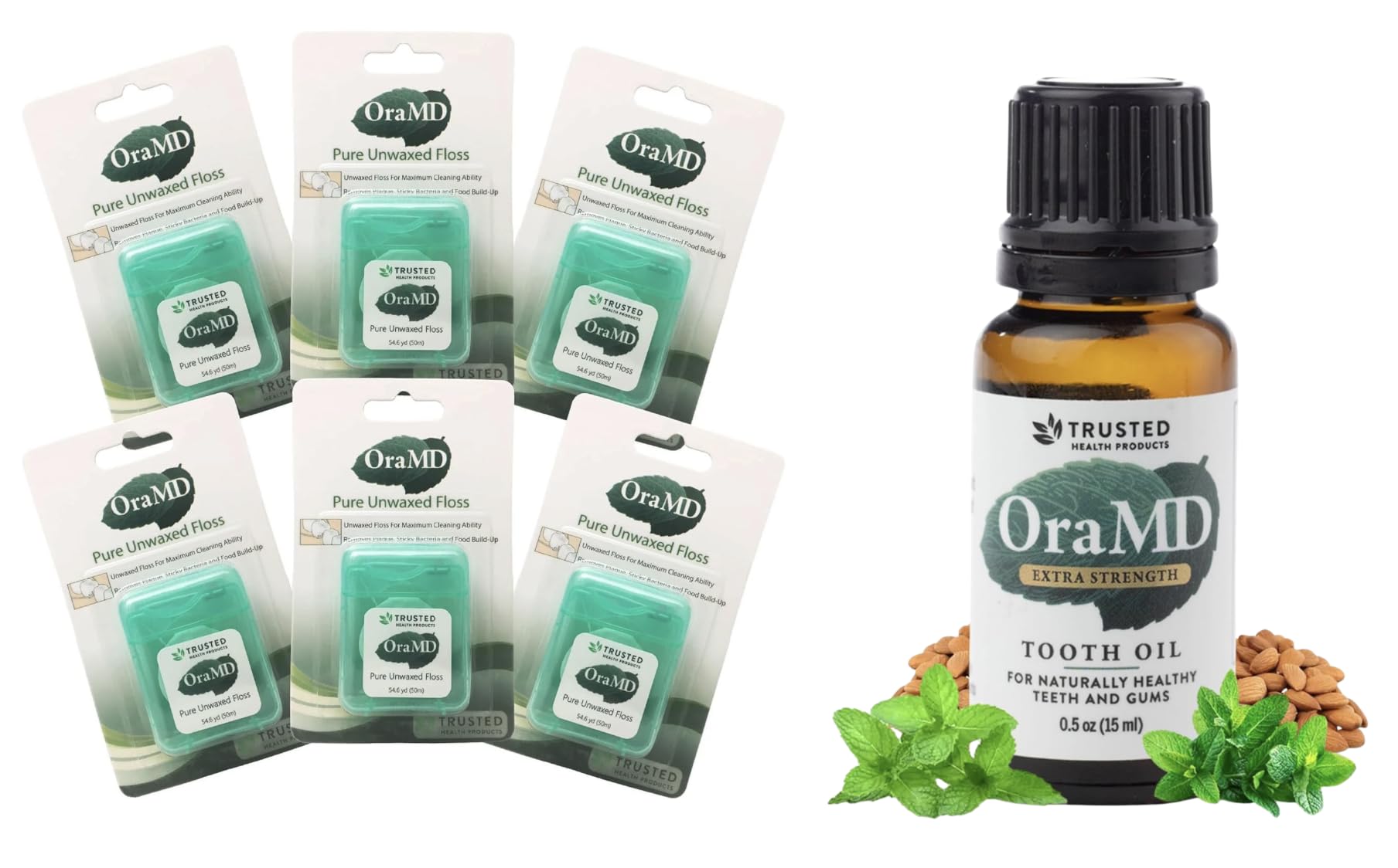 OraMD Pure Unwaxed Dental Floss 6-Pack Plus Extra Strength Tooth Oil Natural Toothpaste Mouthwash Alternative Chemical Free