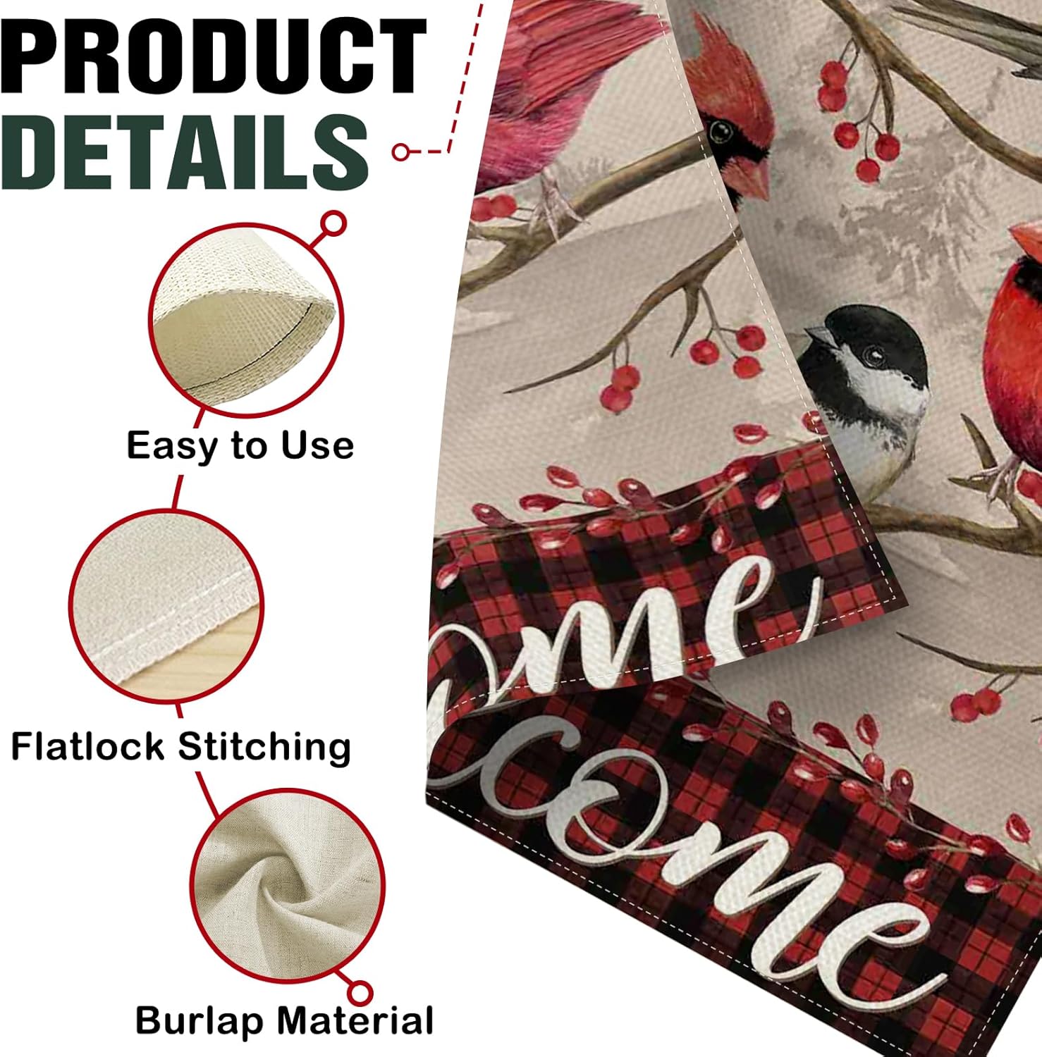 Dyrenson Welcome Christmas Cardinal Chickadee Decorative Garden Flag, Vintage Xmas Birds Red Berries Yard Outside Home Decoration, Winter Holiday Plaid Burlap Outdoor Small Decor Double Sided 12 x 18 - Image 4