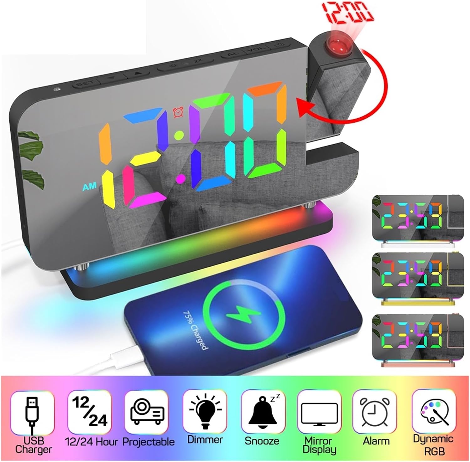 LED 投影デジタル目覚まし時計カラフルなダイナミック RGB ナイトライトヘビースリーパークロック USB 充電器子供目覚まし時計