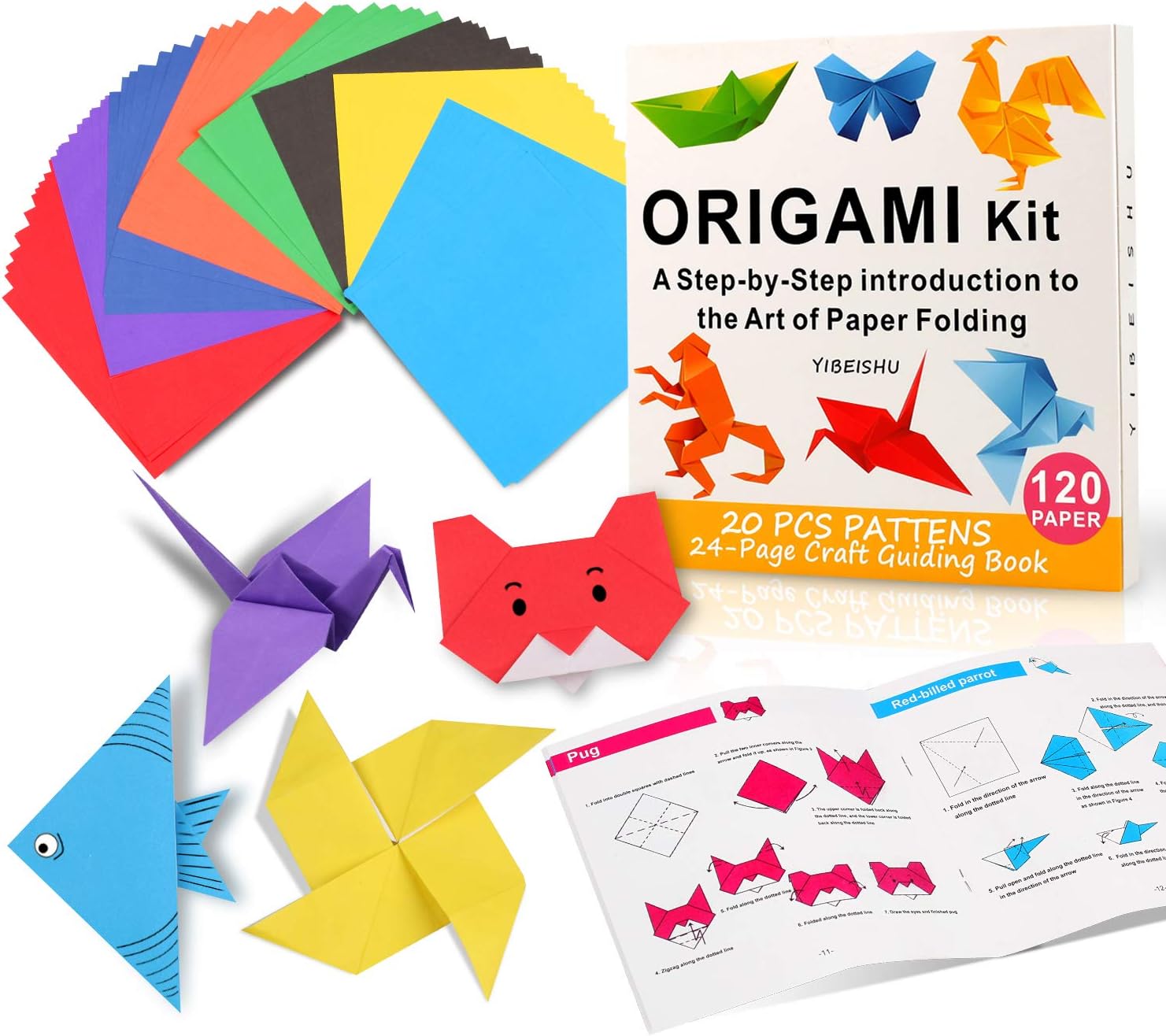 Origami Kit For kids ,120 Sheets Origami Paper with Instructions Book, 6x6 Inch square easy single Sided Square Colorful Folding Paper Set for Adults Beginners Activity