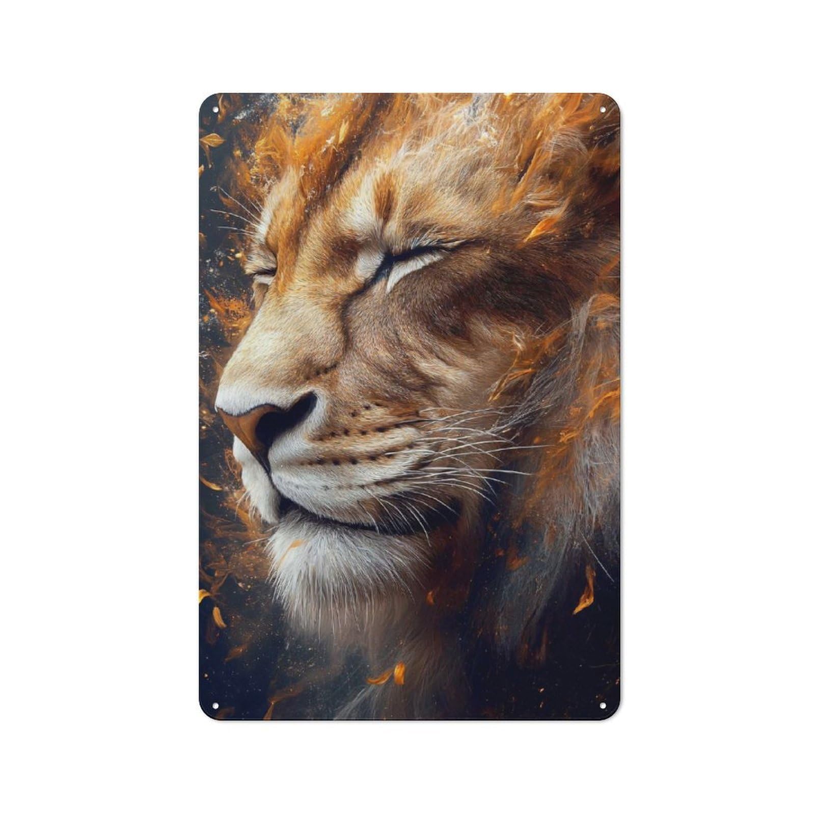 Junmoney Style-24 Tin Wall Plaque 30X20cm With Lions Profile In Fiery Hues For Hallway Wall, Suited To Hallway Decor Lovers, For Retro Home Interiors