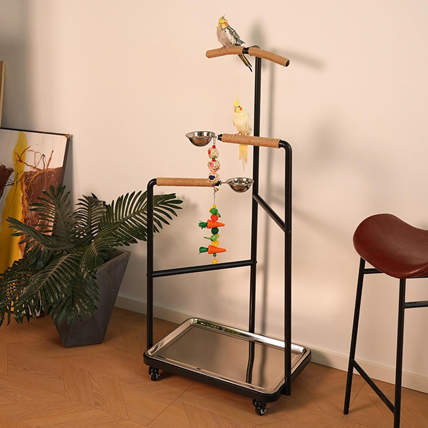 Ground Parrot Stand Bird Play Stand, Large Metal Bird Playstand, Removable Universal Wheels/Chassis, with Universal Wheels and Feeding Bowls, Parrot Supplies