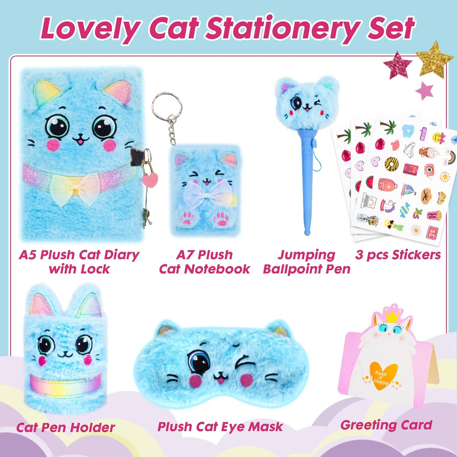 Cat Gifts for Girls, Kids Cat Plush Toys with Secret Diary, Ballpoint Pen, Eye Mask, Pen Holder, Stickers, Birthday Gifts for Little Girls Age 5 6 7 8 9 10-12 Years Old - Image 3