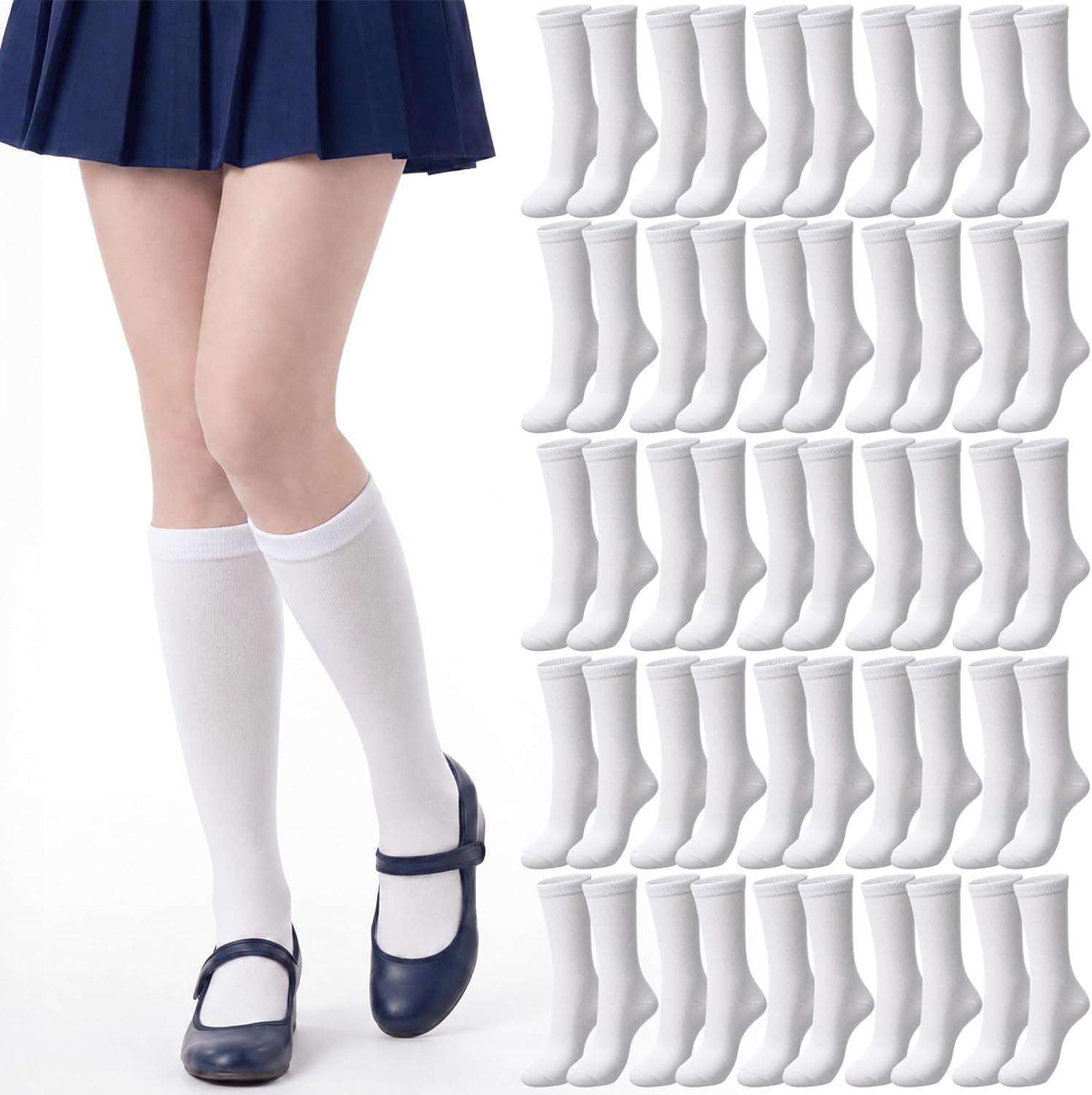 Cuffbow 50 Pair Girls White Knee High Socks Bulk School Uniform Long Seamless Toe Socks Breathable Stay Soft Cuff for Kids