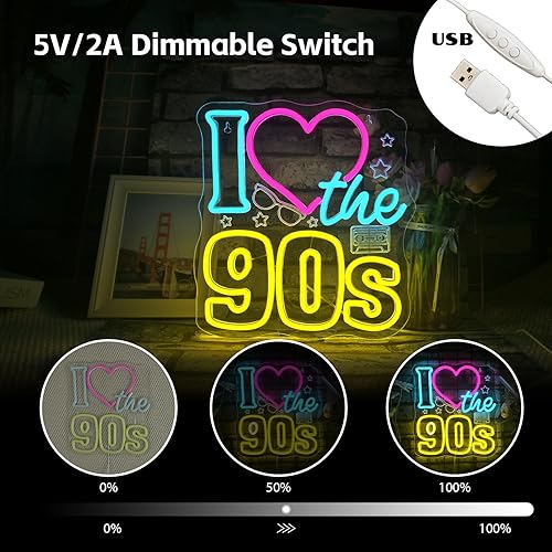 Miniatura 5 de Looklight Letrero de neón con texto en inglés "I Love the 90s", regulable, de regreso a los 90, para decoración de pared, letrero de luz de neón