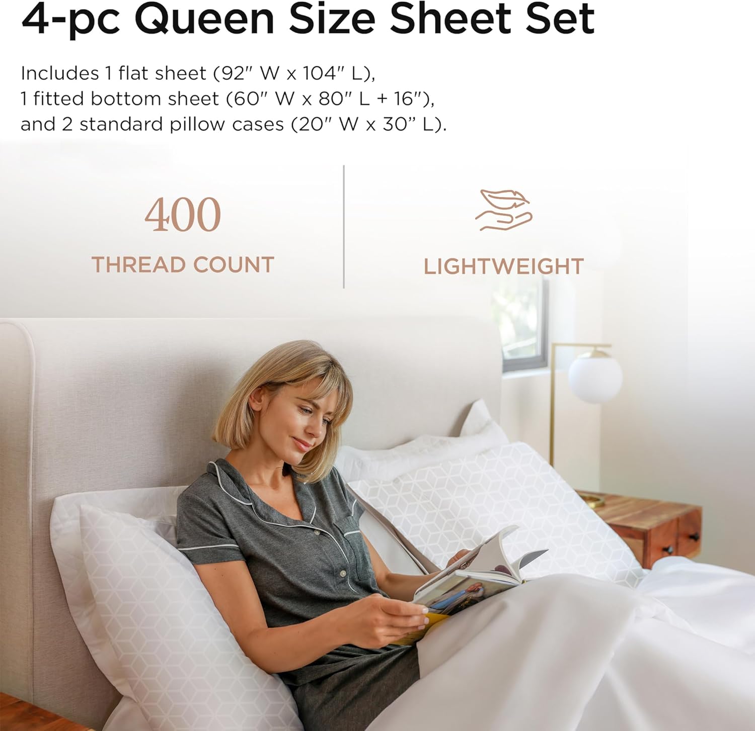 Threadmill Egyptian Cotton Queen Sheet Set | 100% Certified Egyptian Cotton Sheets for Queen Size Bed | Queen Bed Sheets Set Snug Fit Deep Pocket | Soft Cooling Damask Jacquard Bedding Set | White - Image 2