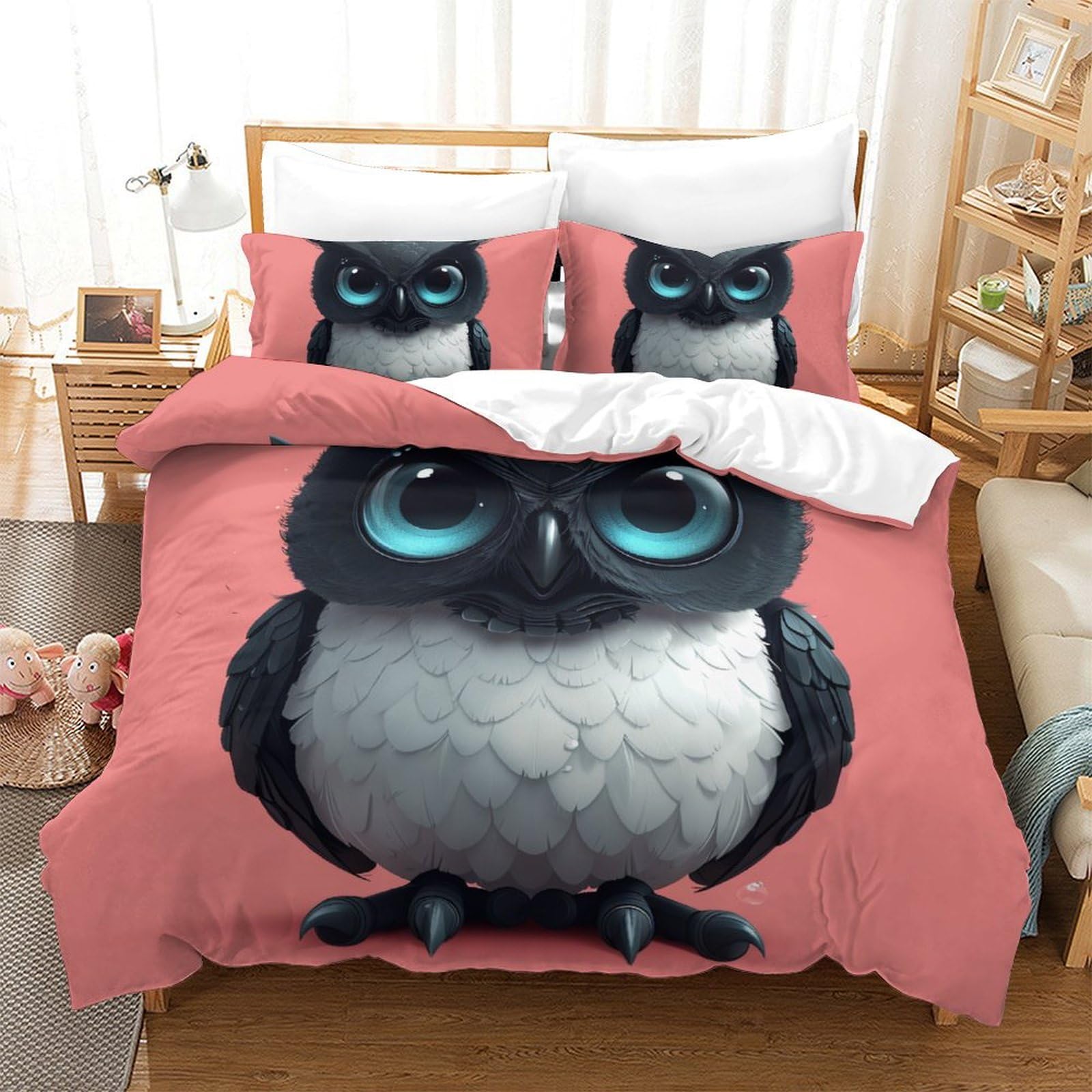 Housse de couette chouette 3D douce 200x200cm résolvant le problème des couettes qui glissent